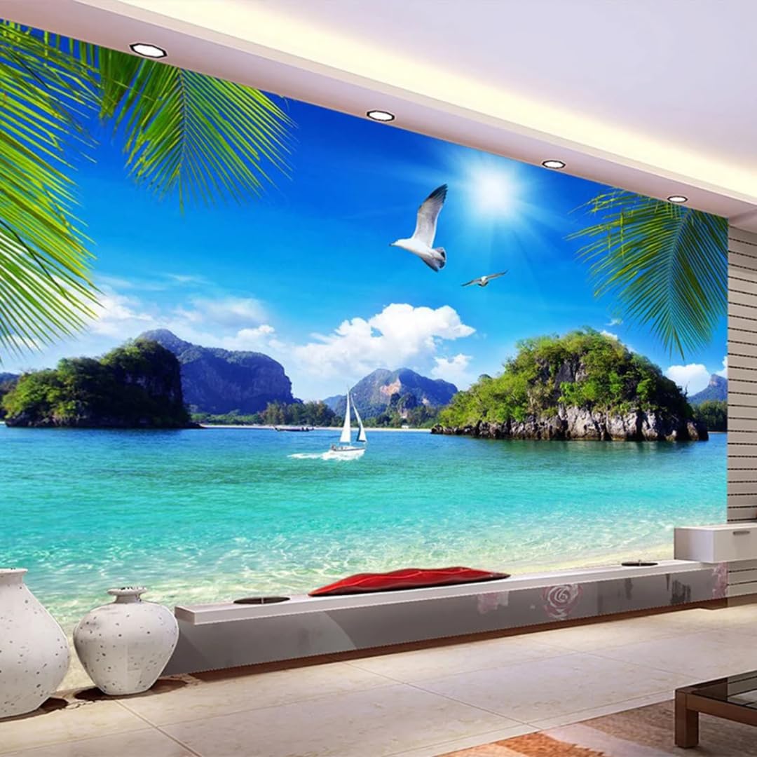 XINRUYI 3D Mural Wallpaper of Islands Blue Sky White Clouds and Seascape - Artistic Wallcovering for Bedroom and Living Room Decoration