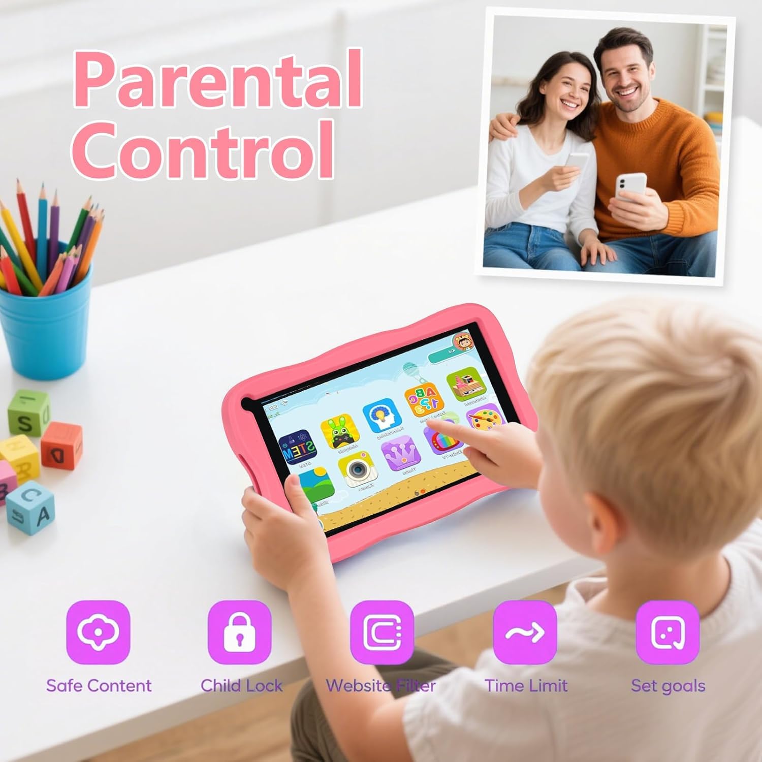 SUMTAB Tablet Bambini 7 Pollici con Controllo Parentale, Android 13 Tablette, 8 GB RAM 64GB ROM (256 GB Estensione) Bluetooth, WiFi,Tablet per Bambini con Custodia(Rosa)