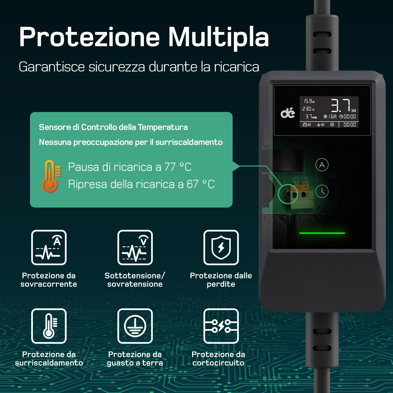dé Cavo Ricarica Auto Elettrica Tipo 2 Schuko 3,7kW 5,5m [0,85m+4,65m, 6A-16A] Colonnina Ricarica Auto Elettrica con Supporto, con LCD Controllo Digitale Compatibile con Model Y, e208 e Altri EV/PHEV