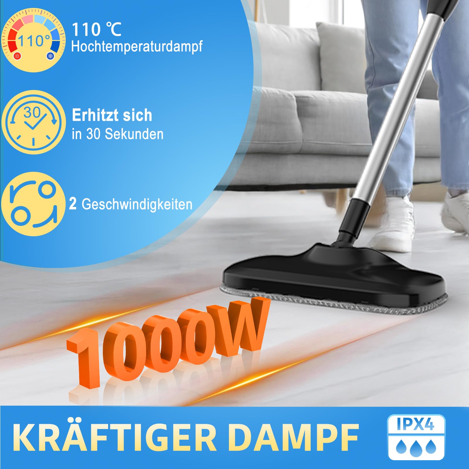 Scopa a Vapore Lavapavimenti, Steam Mop Multiuso 17-in-1 con Pad in Microfibra/Ruvido, 2 Livelli di Vapore, Ruotabile/Rimovibile, Disinfetta/Rimuove lo Sporco, Pulitore a Vapore per Tutti i Pavimenti