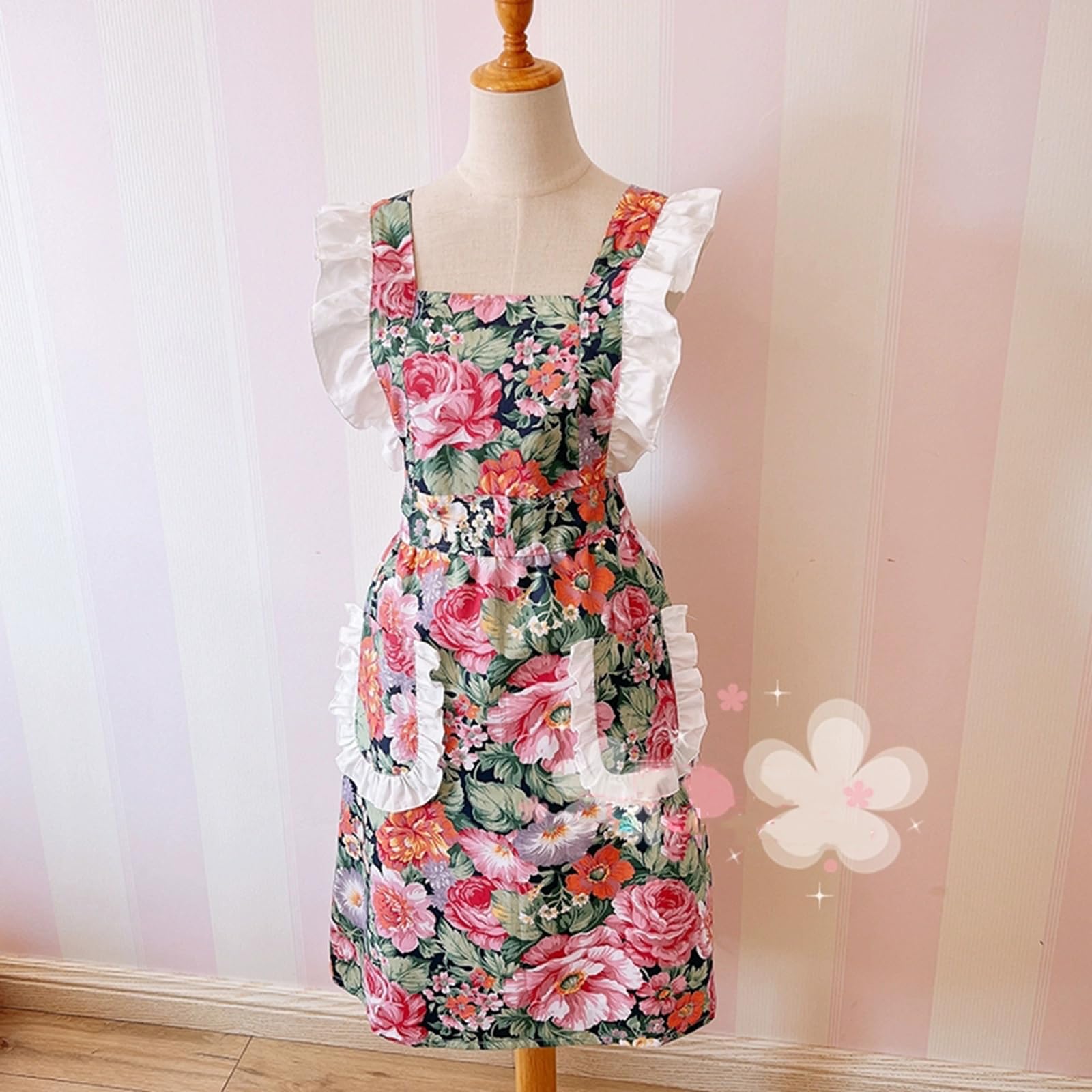 Grembiule da Donna in Cotone con Stampa Floreale Grembiule con Tasche per Cucina, Giardino, Lavori Domestici, Negozio di FioriPink,One Size