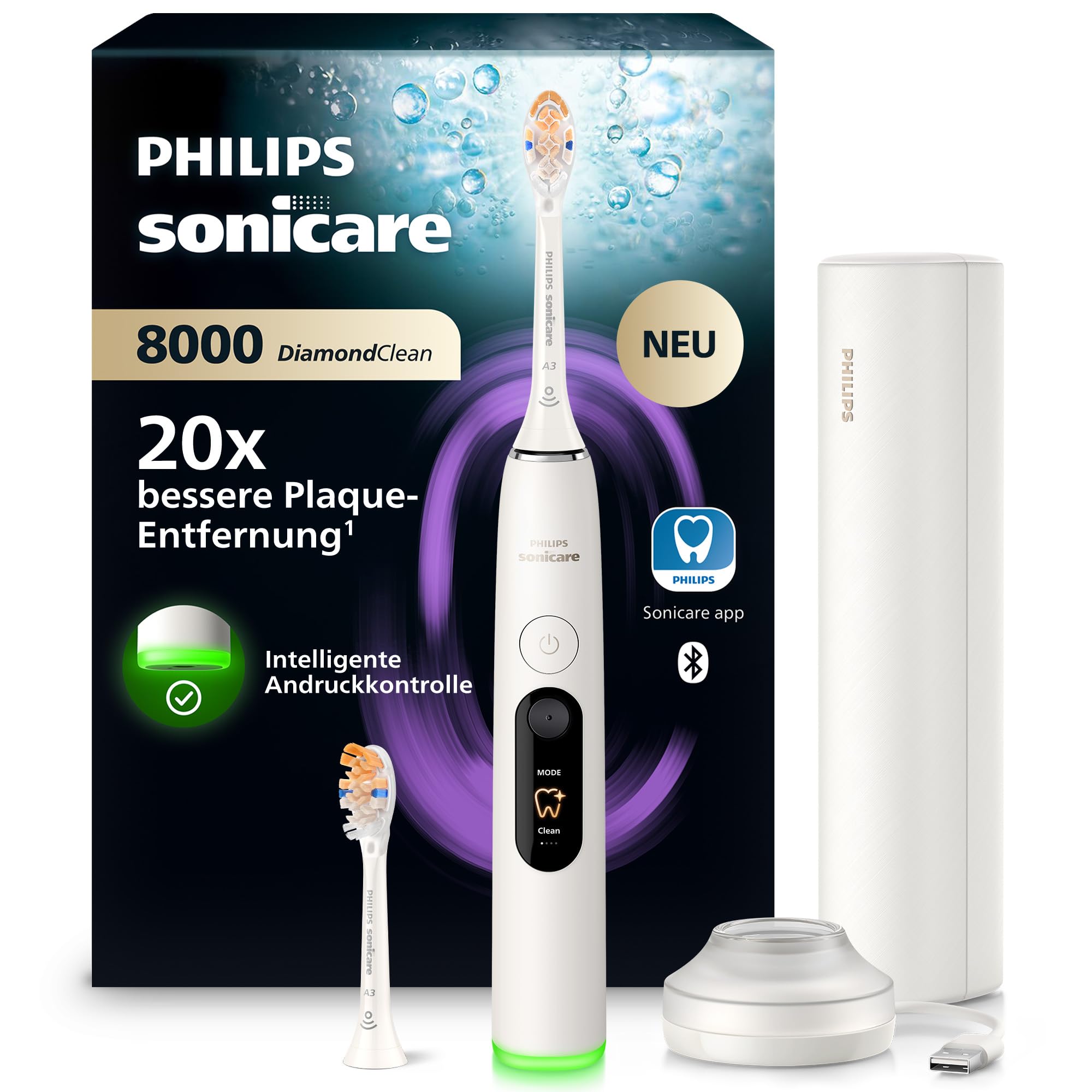 Philips Sonicare Next-Generation DiamondClean 8000 Elektrische Zahnbürste – mit Andruckkontrolle und Feedback, 15 Einstellungen, Pulverweiß, HX8312/11
