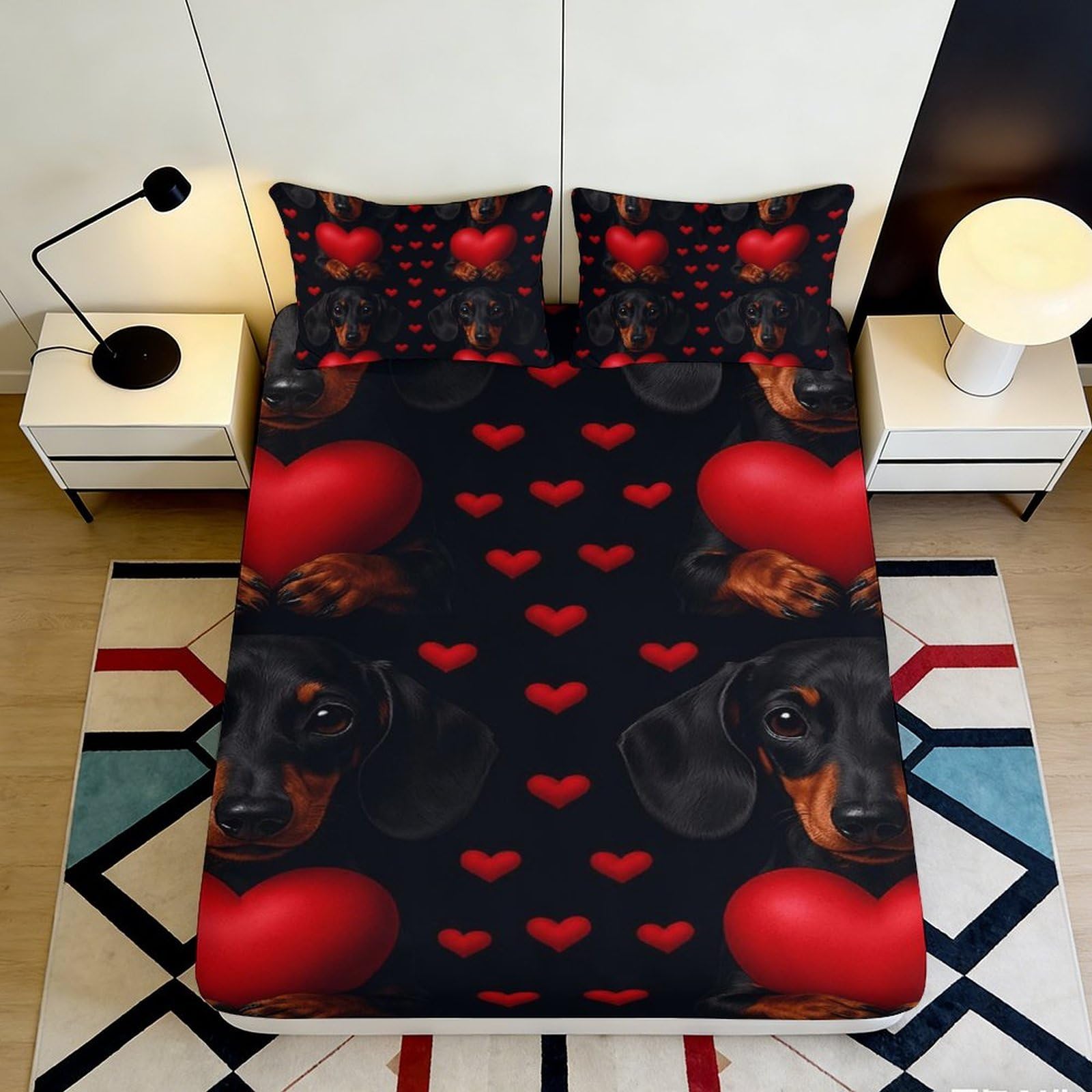 Pnayamiorkfel Style-3 3D Printed Dachshund Heart Fitted Sheet Microfiber Soft Breathable Pet Lover Bed Cover For Bedroom Dorm Decor 90X200x25cm