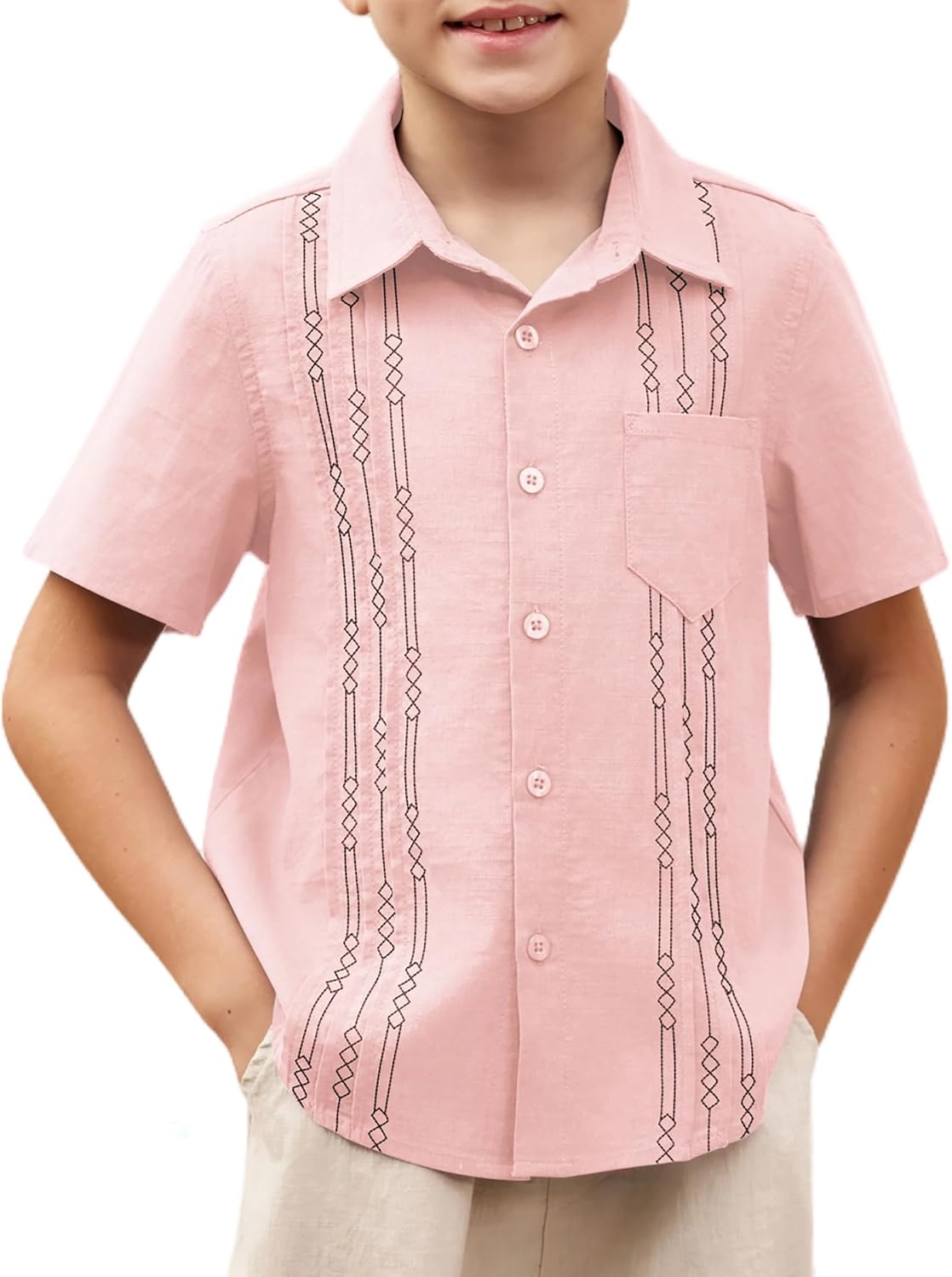 Arshiner Boys Guayabera Shirt Short Sleeve Cotton Linen Button Down Shirt Summer Beach Tops with One Pocket