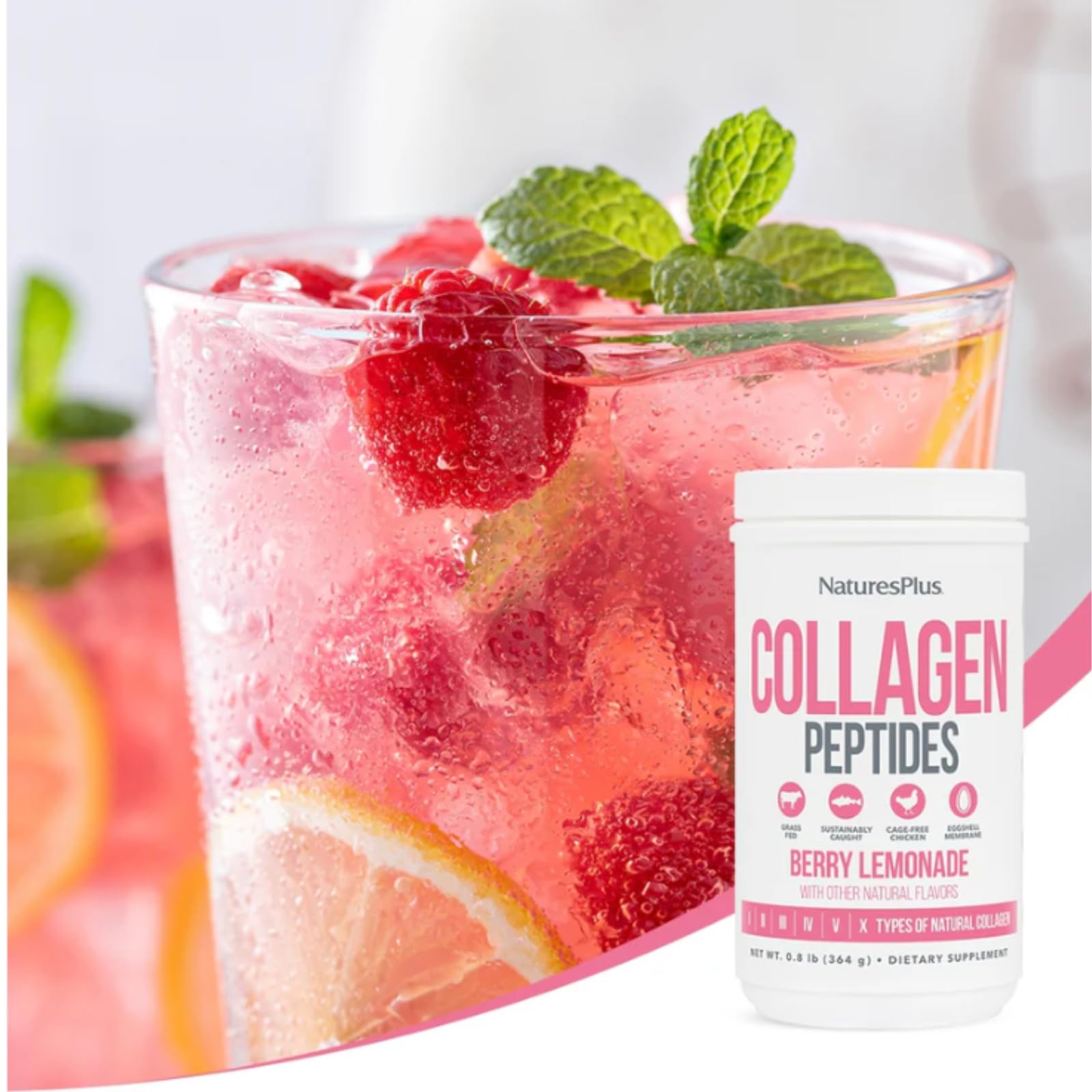 Natures Plus Collagen Peptides Berry Lemonade. 322g | Suplemento de Colágeno Marino Hidrolizado con Vitamina C y Enzimas | 6 Tipos de Colágeno para Piel, Articulaciones y Huesos | Sabor Fresa y Limón