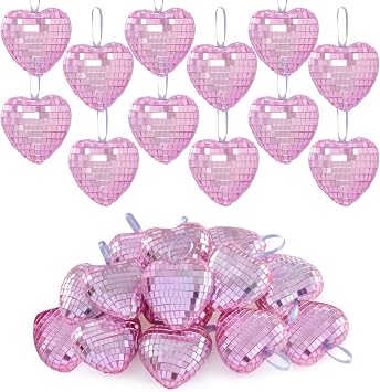 12pcs Heart Disco Valentine Ornaments Heart Shaped Disco Ball Pink Mirror Balls Hanging Ornaments for Valentines Decorations Tree Party 12, Pink, 2.4in