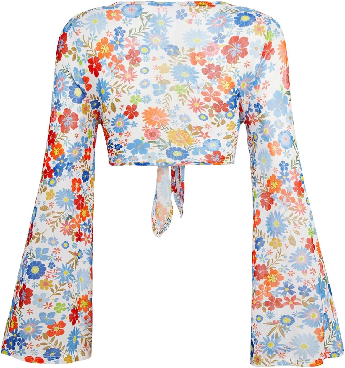 Verdusa Women's Boho 70s Tops Tie Front Bell Long Sleeve Floral Print Mesh Sheer Blouse Crop Tops - Image 2