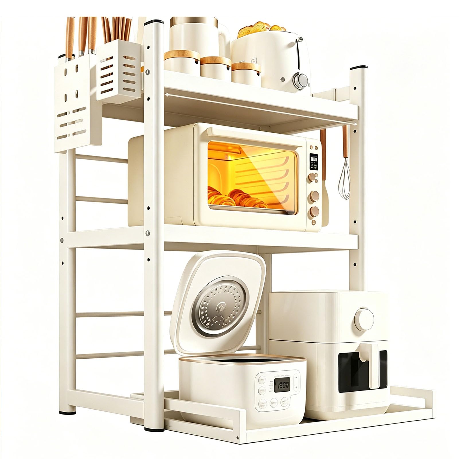 TBATM 3 Tier Pull Out Microwave Oven Rack, Adjustable Kitchen Countertop Organizer with Utensil Holder and Cutting Board Rack for Small Appliances Storage with 6 Hooks,White,59cm