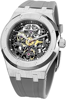 Men Watches 42MM Steel Automatic Watch Mechanical Skeleton 5ATM Waterproof Casual Watch for Men Luxury Business Wristwatch Silicone Band FF019Gray