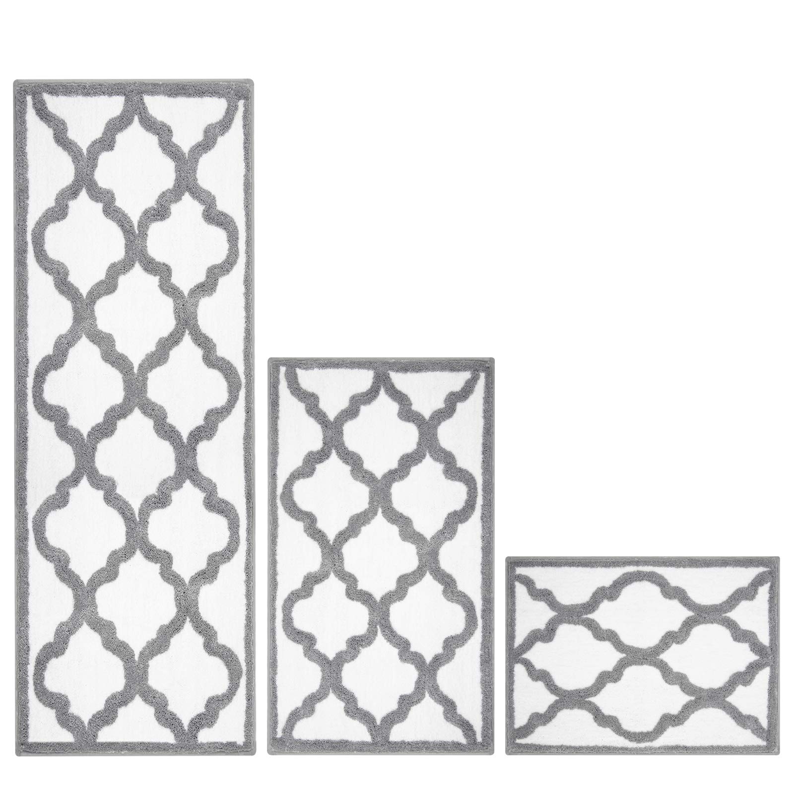 HEBE 3 Pieces Bathroom Rug Set,No Slip Bath Rug Set, Microfiber Shower Bath Rug Absorbent Bath Mat Set for Bathroom Tub and Shower (18''x26''+20''x32''+20''x48'',White/Grey)