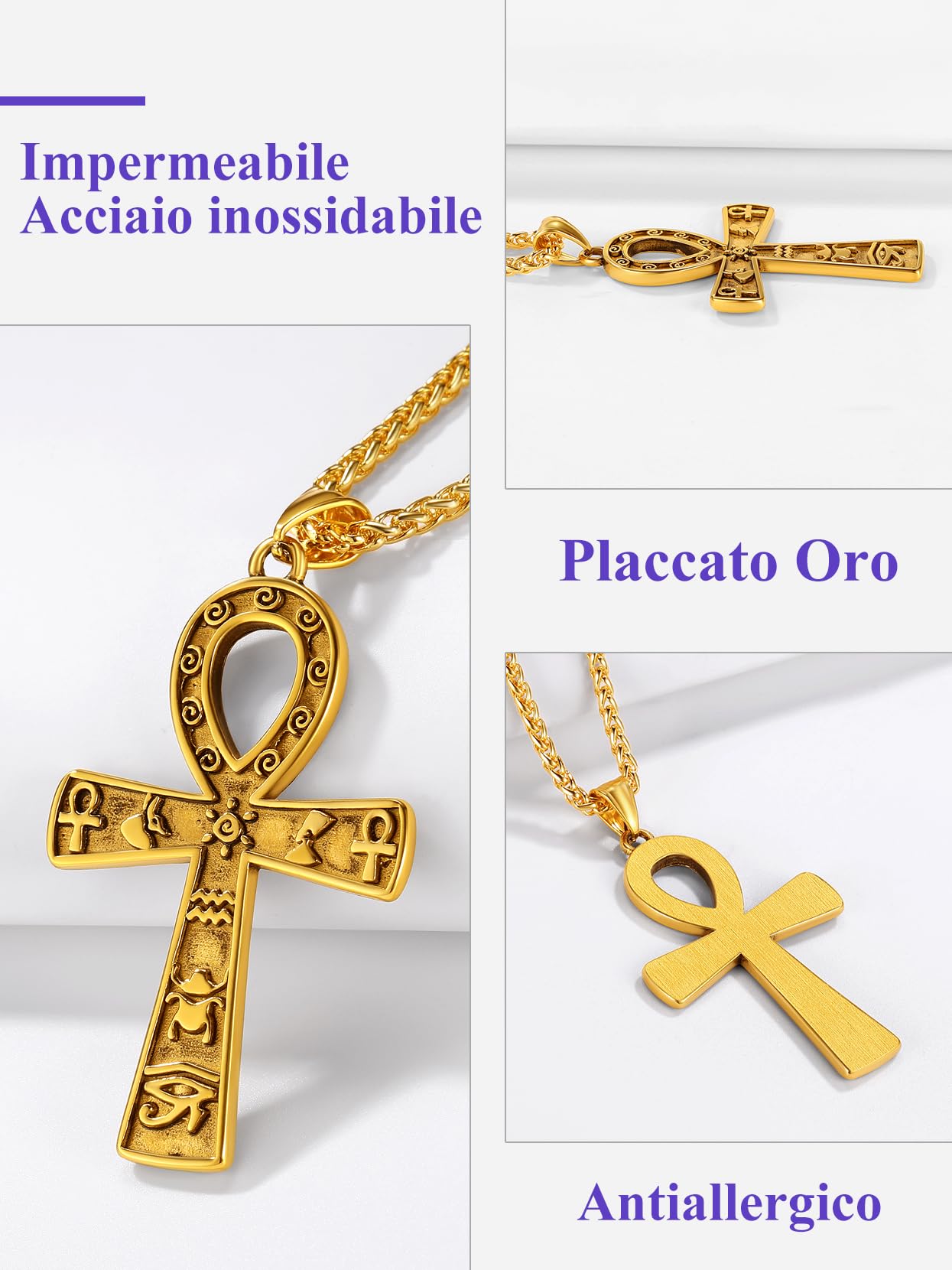 Richsteel Collana da uomo con ciondolo a forma di occhio di Horus, con ciondolo a forma di croce egiziana, collana in acciaio inox da 55,9 a 61 cm, con incisione del nome, fornita con confezione