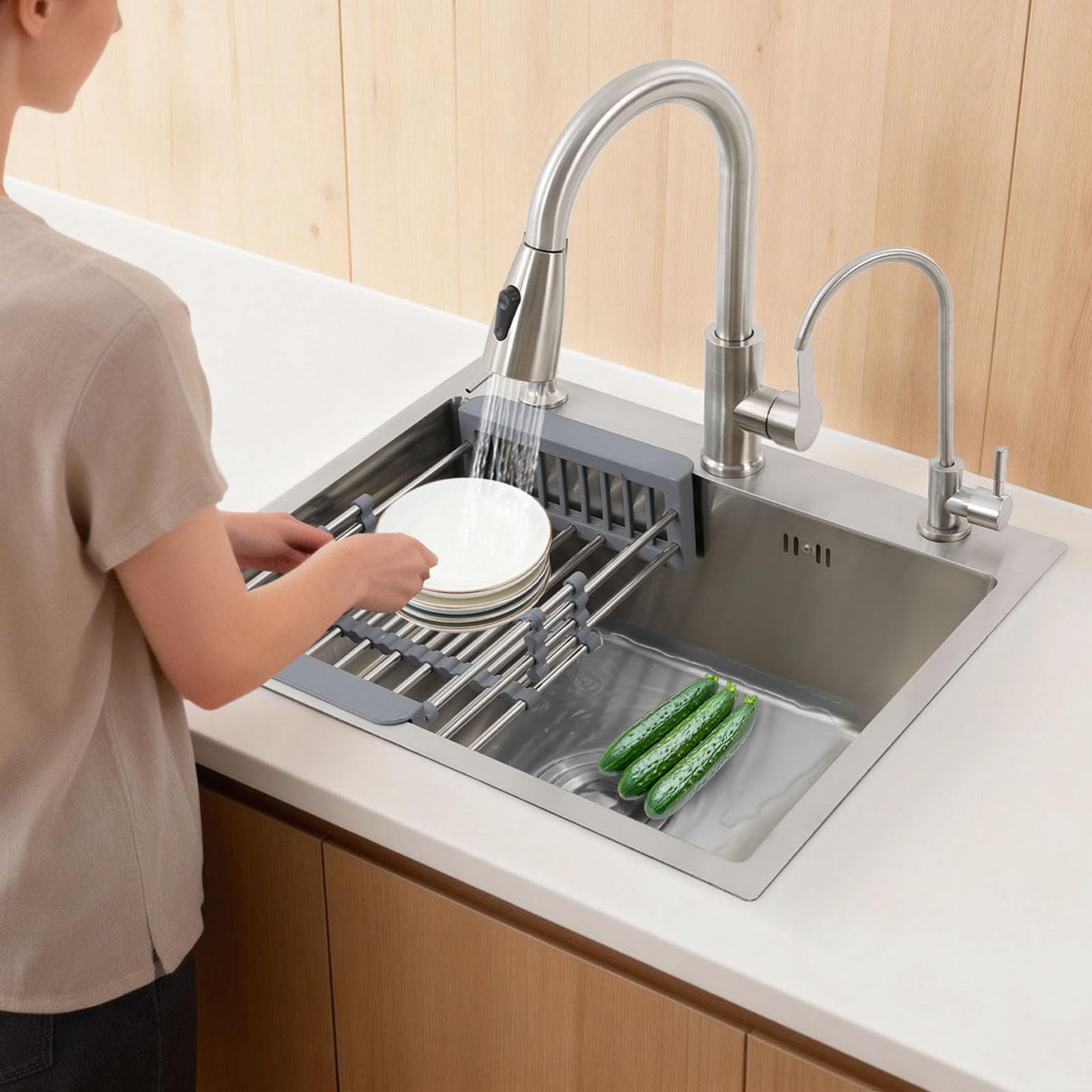 Fregadero Cocina Acero Inoxidable con Grifo Extraíble, Dispensador de Jabón y Escurridor, Fregaderos de un Seno, 55x45x20cm, Incrustado/A ras de la Encimera/Sobre la Encimera (Plata)