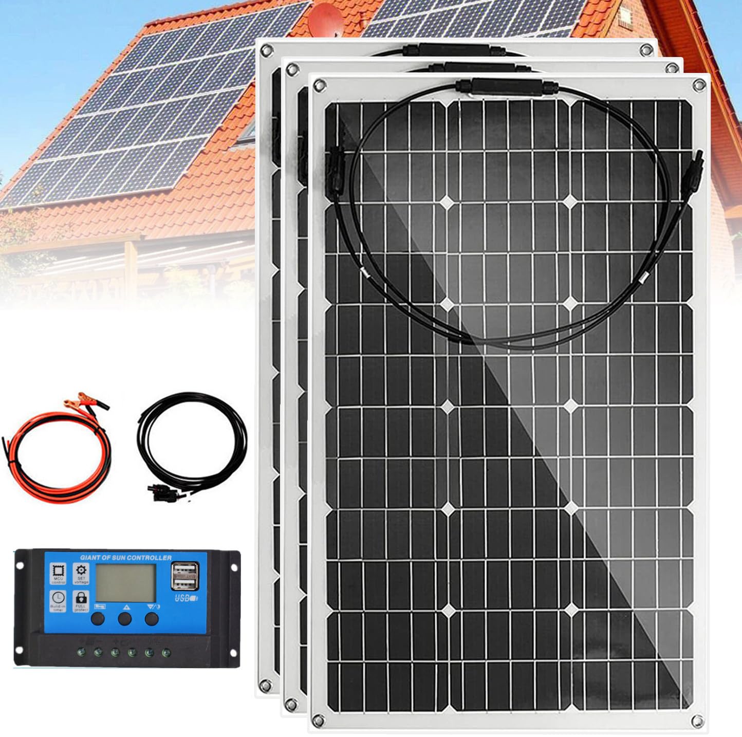 Paneles solares semiflexibles (150 W/300 W/450 W/600 W), Cargador de batería de 12 V + Cargador de batería de 40 A, para Barco, Coche, casa y jardín, 450 W