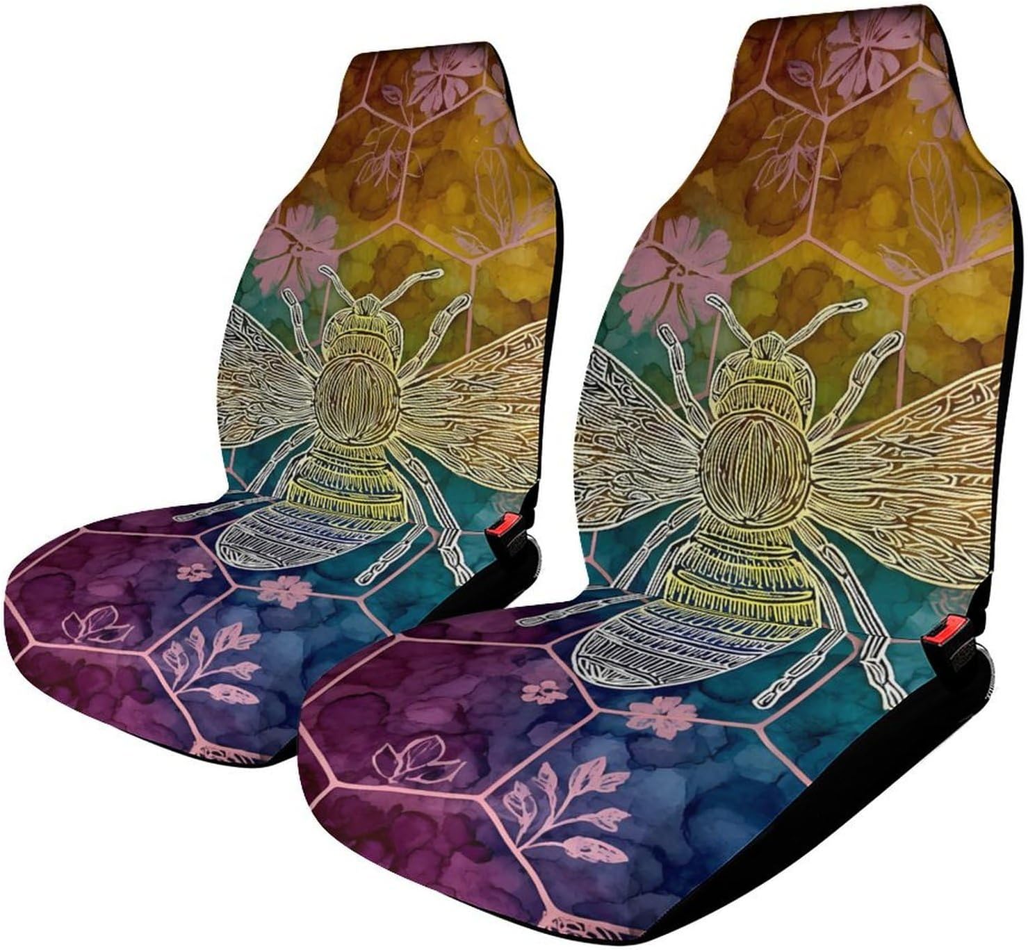 Bee Honeycombs Flowers Tie-Dye Car Seat Protector Front Seats Universal Fit Automotive Accessories