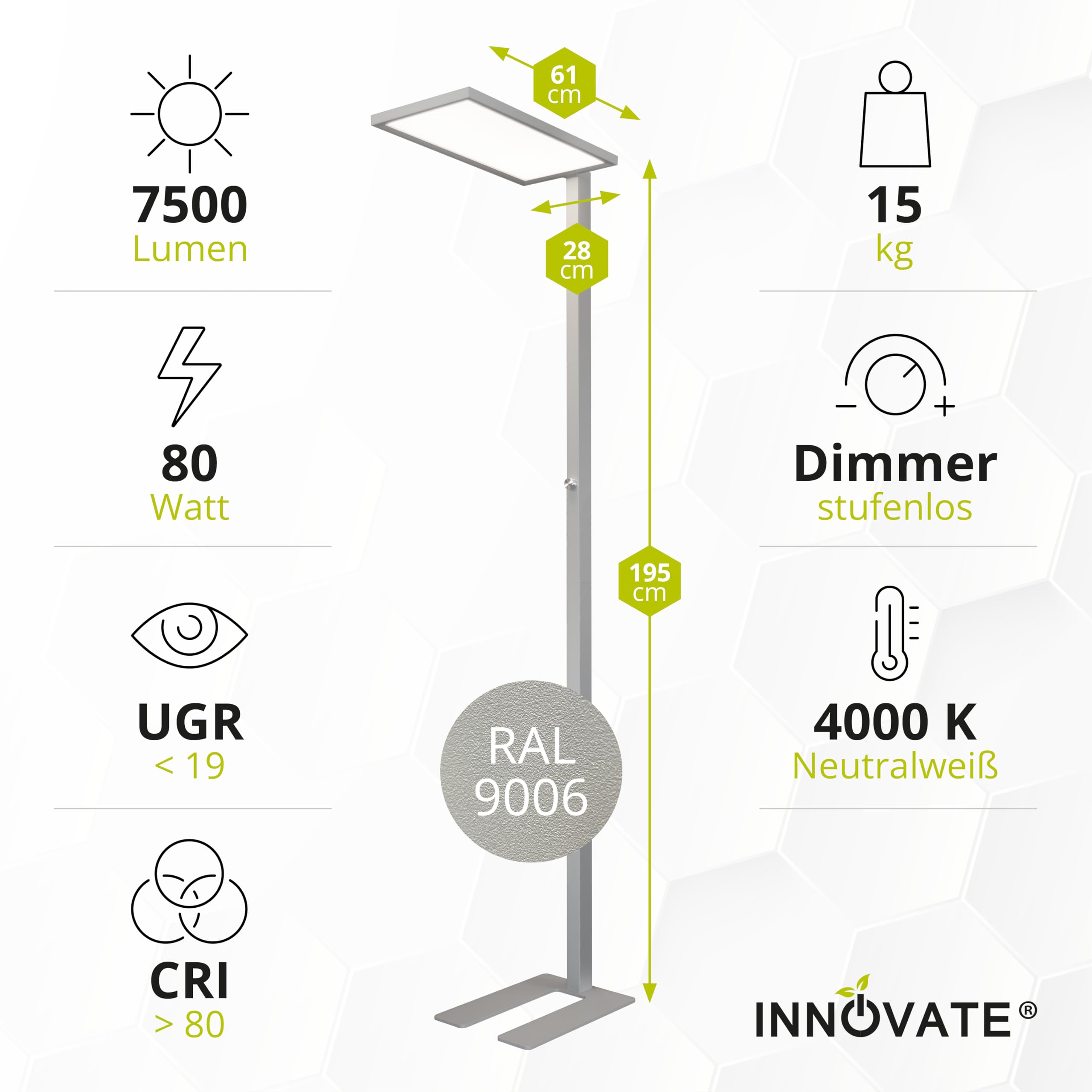 INNOVATE LED Stehlampe Büro Dimmbar 7500lm UGR< 19 80W Deckenfluter Silber | Tageslichtlampe Schreibtisch Stehlampe Dimmbar I Stehlampe LED Home Office Schreibtische & Arbeitsplätze Stehlampen