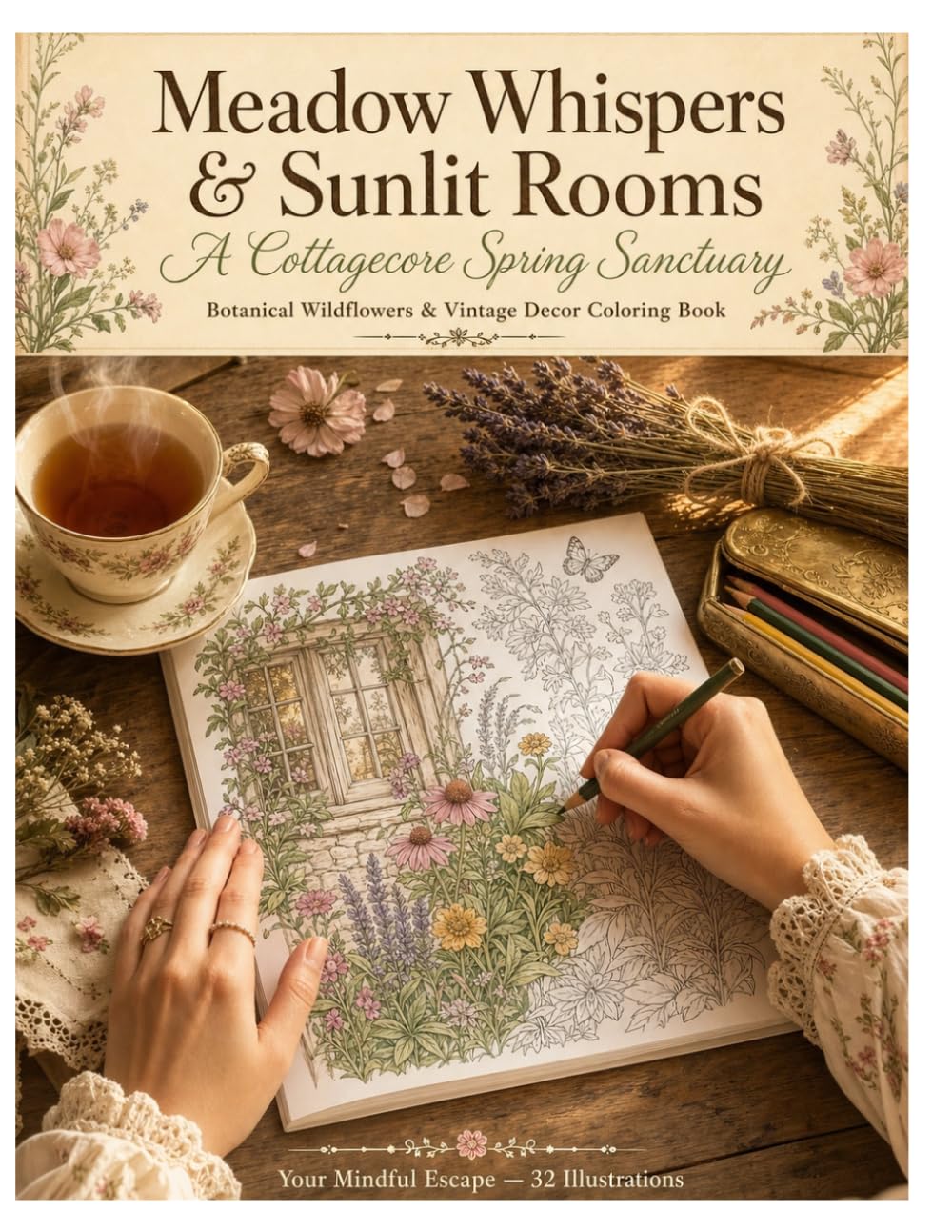 Meadow Whispers & Sunlit Rooms: A Cottagecore Spring Sanctuary: Botanical Wildflowers & Vintage Decor Coloring Book