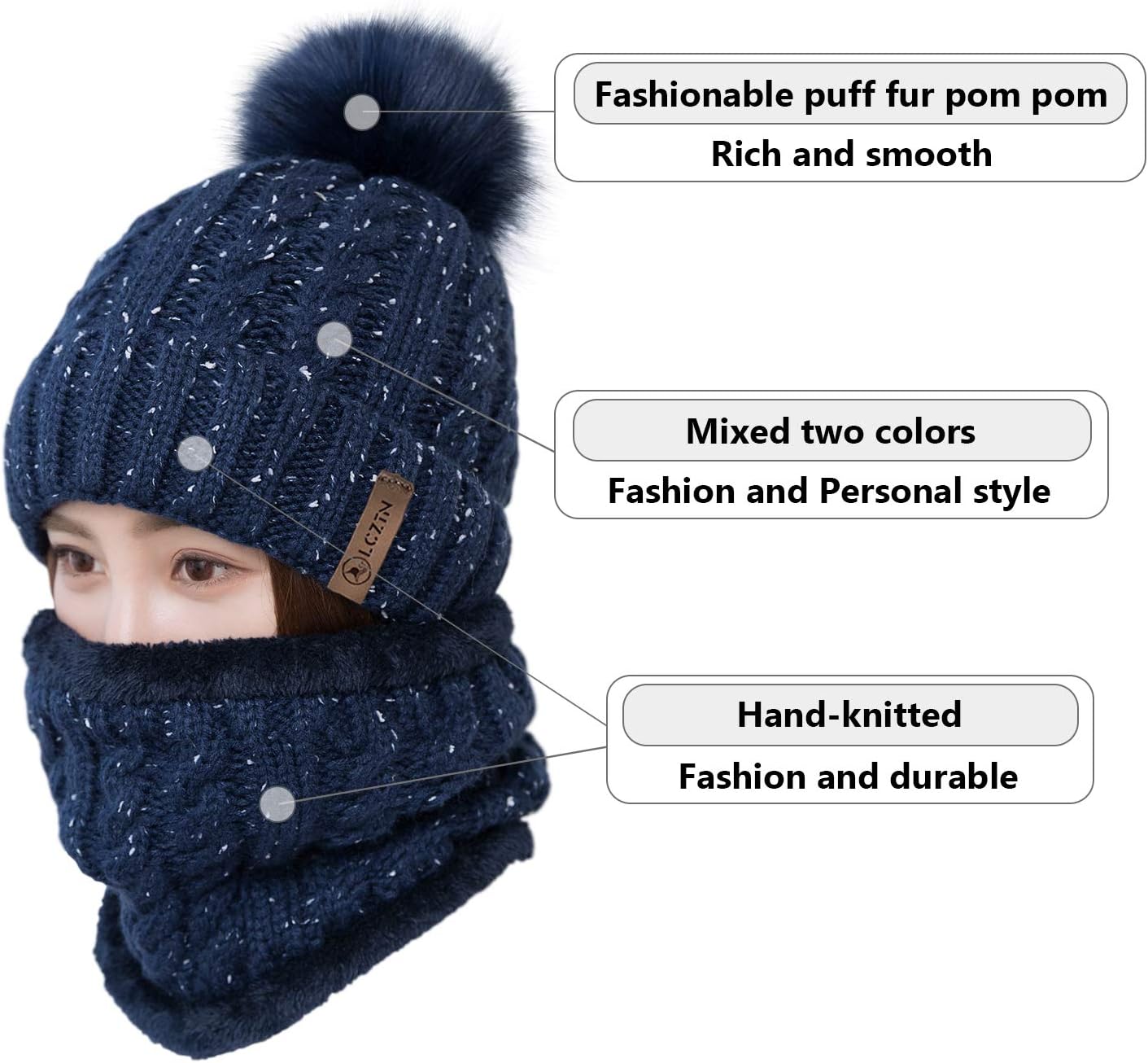 LCZTN Womens Pom Beanie Hat Scarf Set Girls Cute Winter Ski Hat Slouchy Knit Skull Cap with Fleece Lined - Image 2