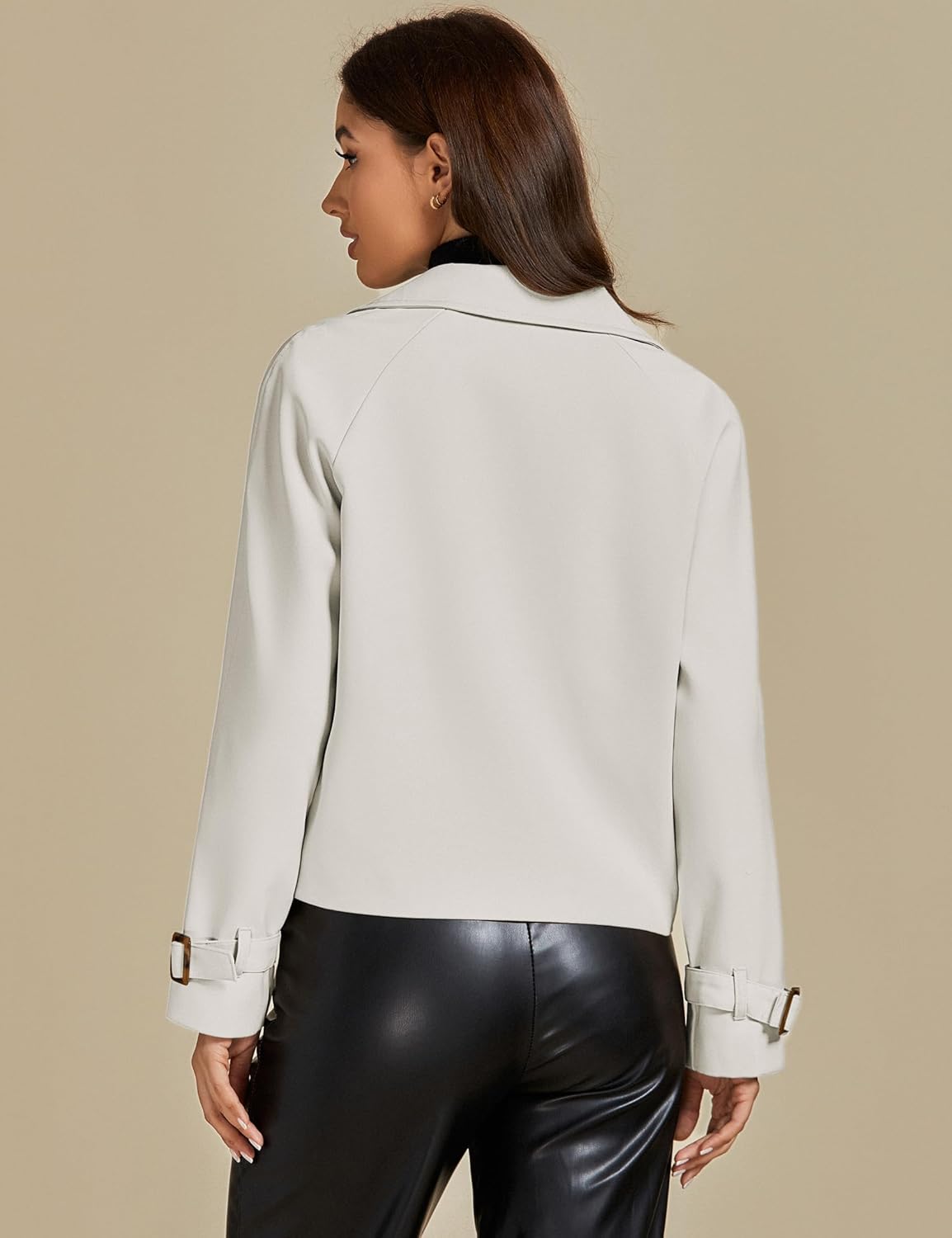 luvamia Cropped Trench Coat for Women Long Sleeve Double Breasted Notched Lapel Casual Loose Fit Jackets with Pockets - Image 2