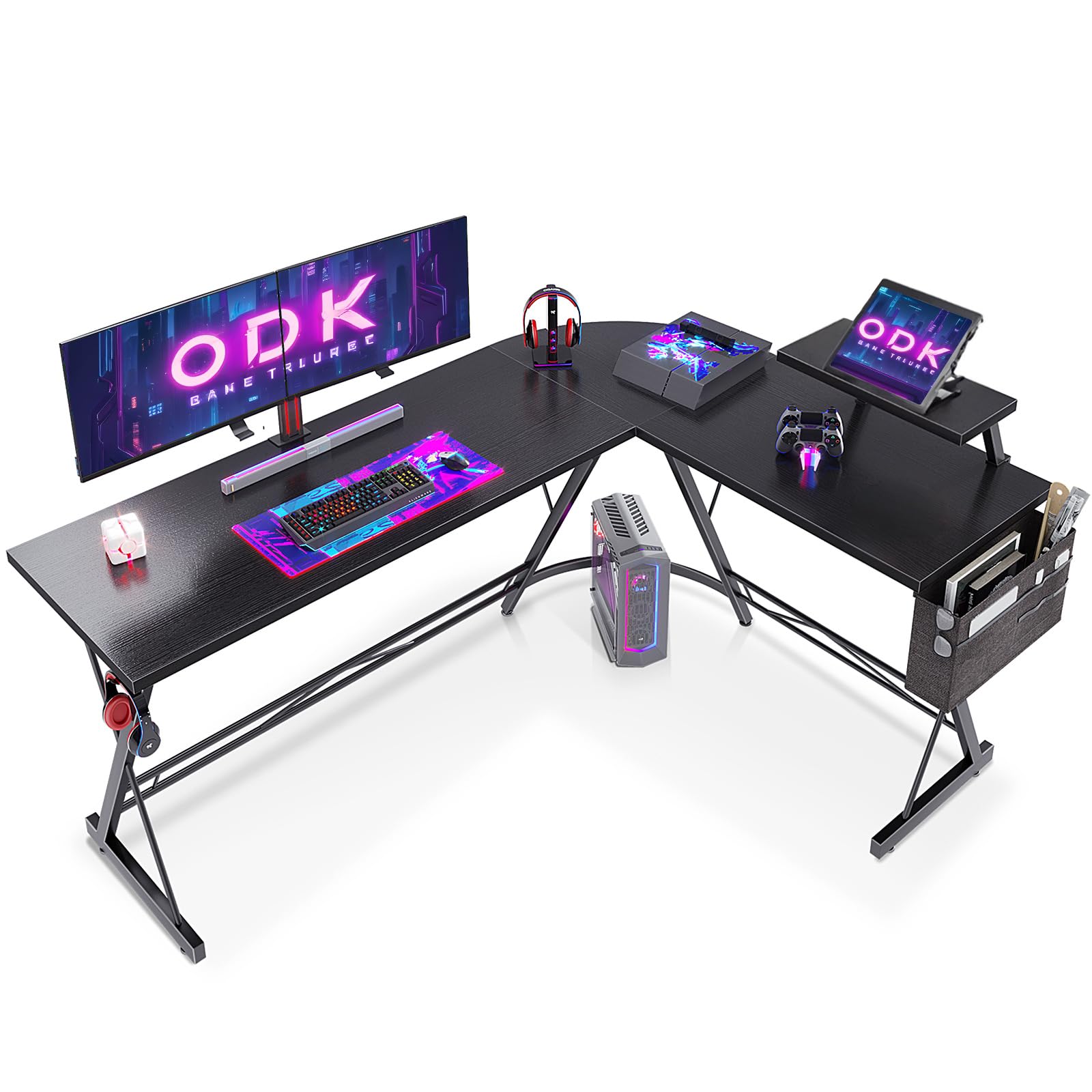 ODK Escritorio Gaming con Soporte para Monitor Escritorio en L Mesa para Computadora Negro 167 x 120cm