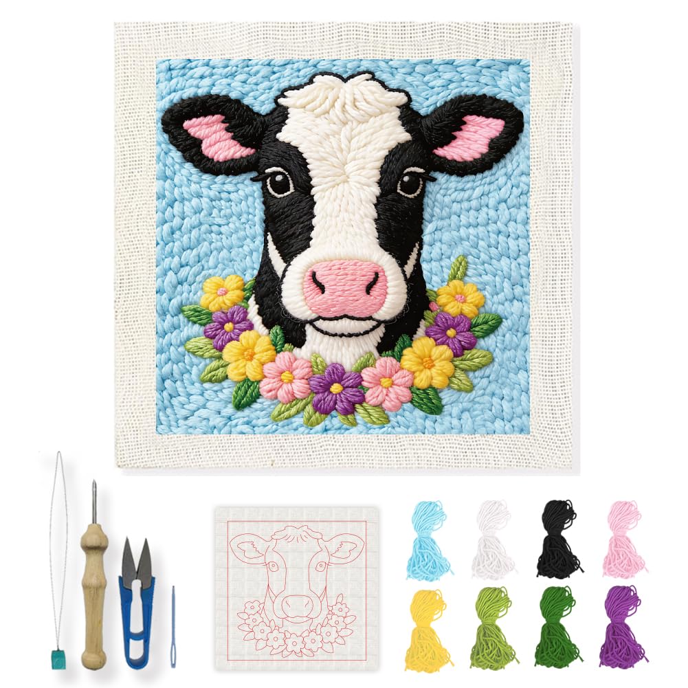 INFUNLY Highland Cow Punch Needle Kit 9.4x9.4 DIY Punch Embroidery Kit for Adults Flower Cow Needlepoint Starter Kit Square Needles Stitching Kit with Instruction for DIY Craft Lovers Gift