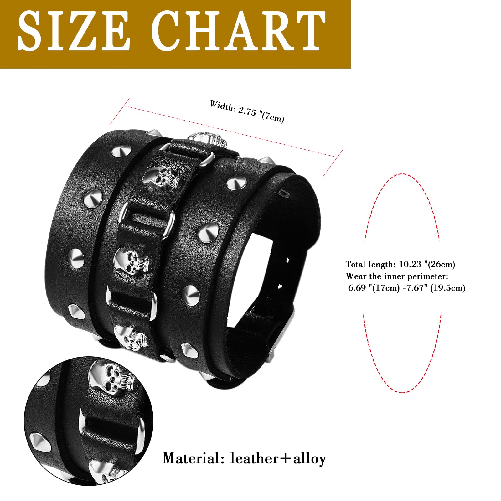 Flongo Bracciale da uomo in pelle, bracciale da forza, stile gotico, punk rock, bracciale a testa di morte da uomo con rivetto e bottone, bracciale da motociclista grande, regalo per uomo