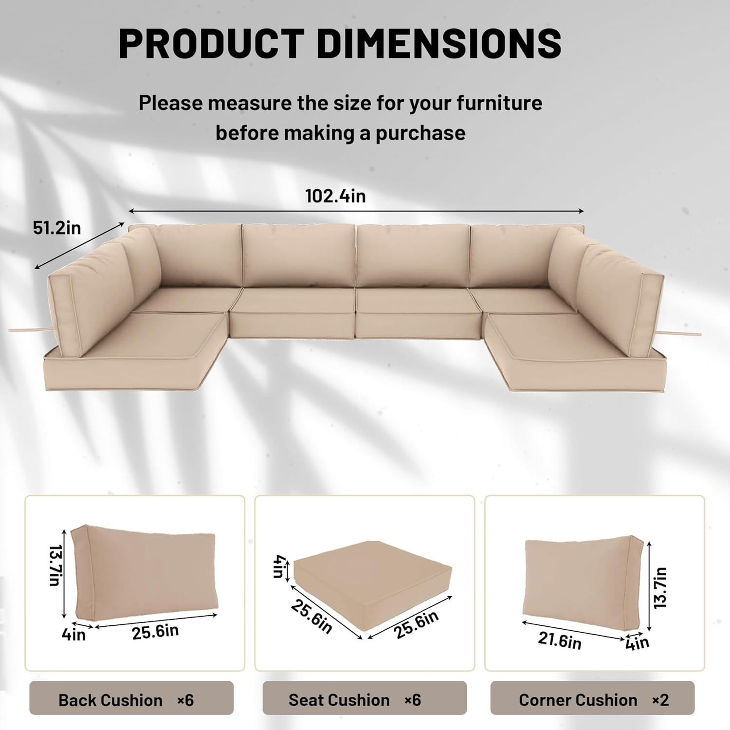 14 Piece Outdoor Sectional Cushions, Water-Resistant Outdoor Sofa Cushions Replacement, 4" High Density Foam Patio Furniture Cushions Fits 6-seat Rattan Conversation Set (Khaki)