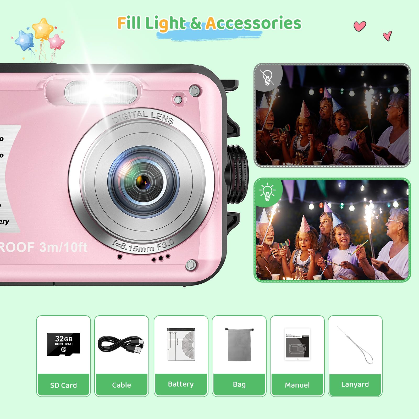Appareil Photo Etanche Numérique 10FT 1080P Full HD 30MP Caméra étanche 16X Zoom Appareil Photo pour Enfants