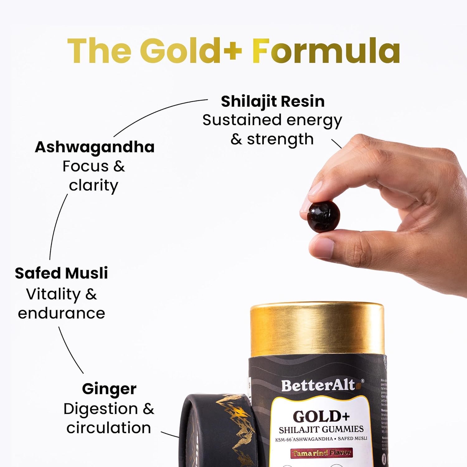 Better Alt Gold+ Shilajit Gummies | with Ashwagandha, Safed Musli,Shilajit Resin & Ginger |Helps Boost Energy & Improves Stamina |1-Month Dietary Supplement|60 Gummies