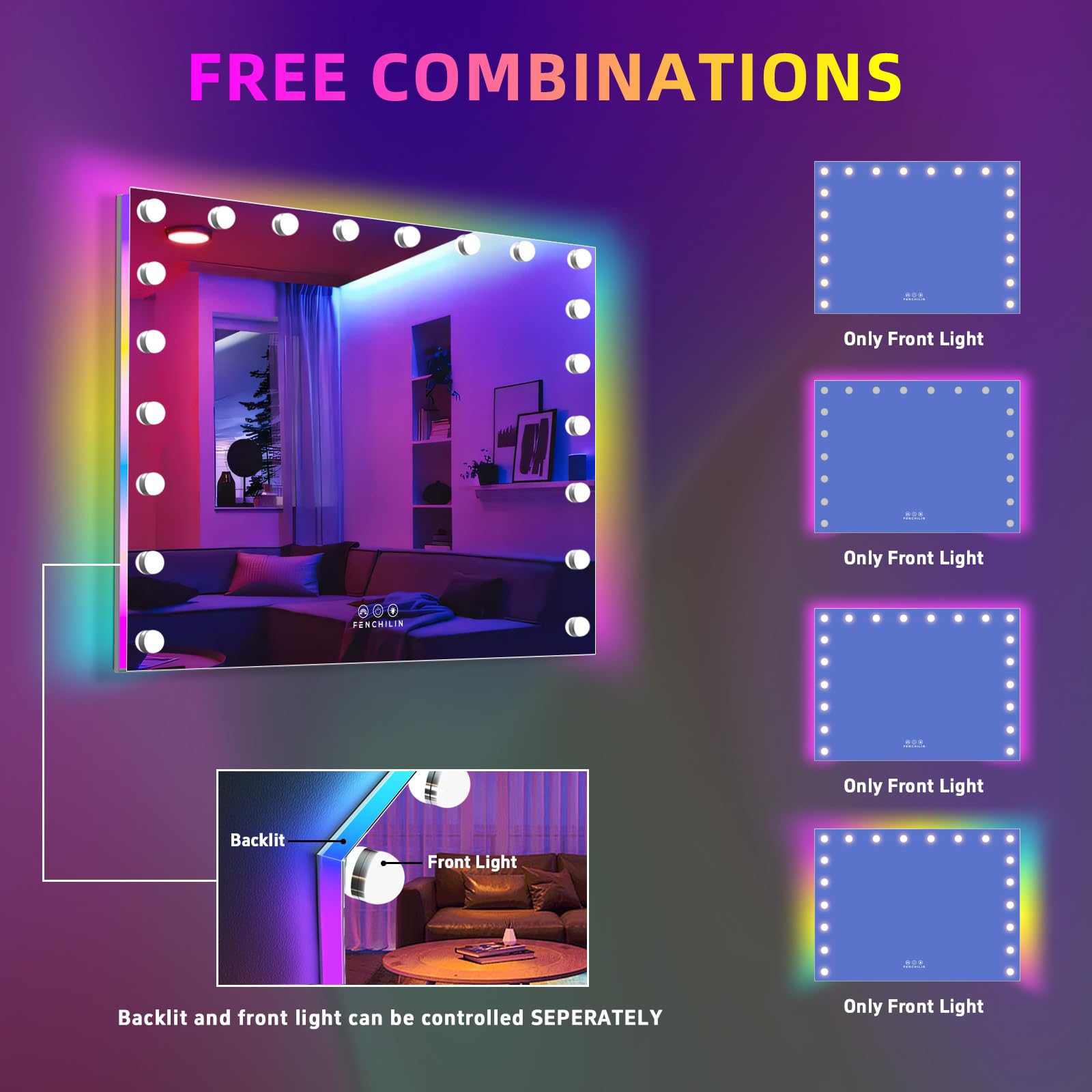 FENCHILIN Hollywood Espejo con iluminación y retroiluminación RGB, espejo de maquillaje con iluminación, 20 bombillas LED regulables, espejo grande con luz de cristal templado blanco, 100 x 80 cm