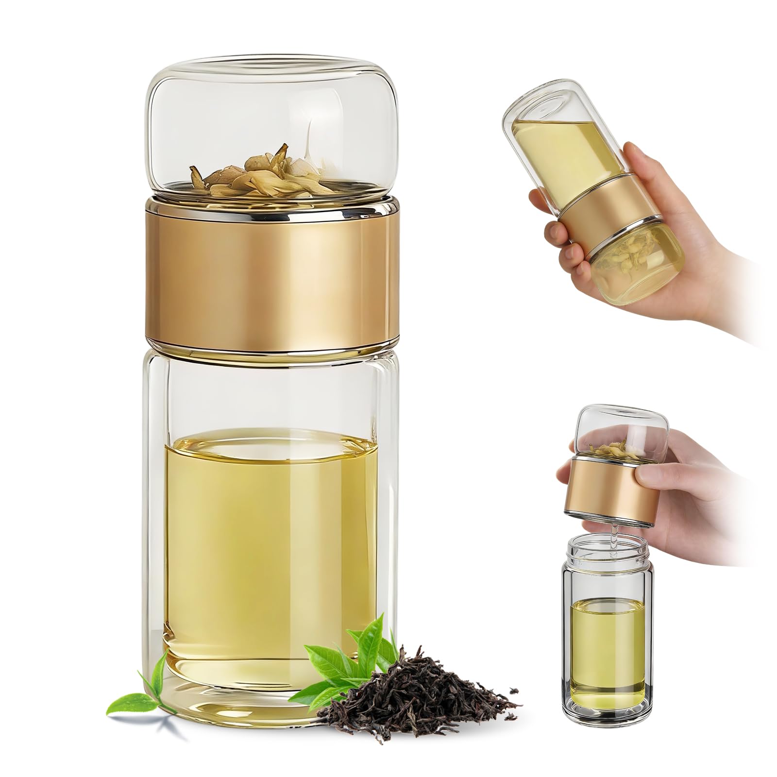 nnOuOnn 3-in-1 Smart Tea Infuser Bottle, Portable Double Glass with Integrated Strainer Teas Separation Cups, Flip and Brew Tea, for Loose Leaf Teas and Infused (Gold, 350, Millilitres)
