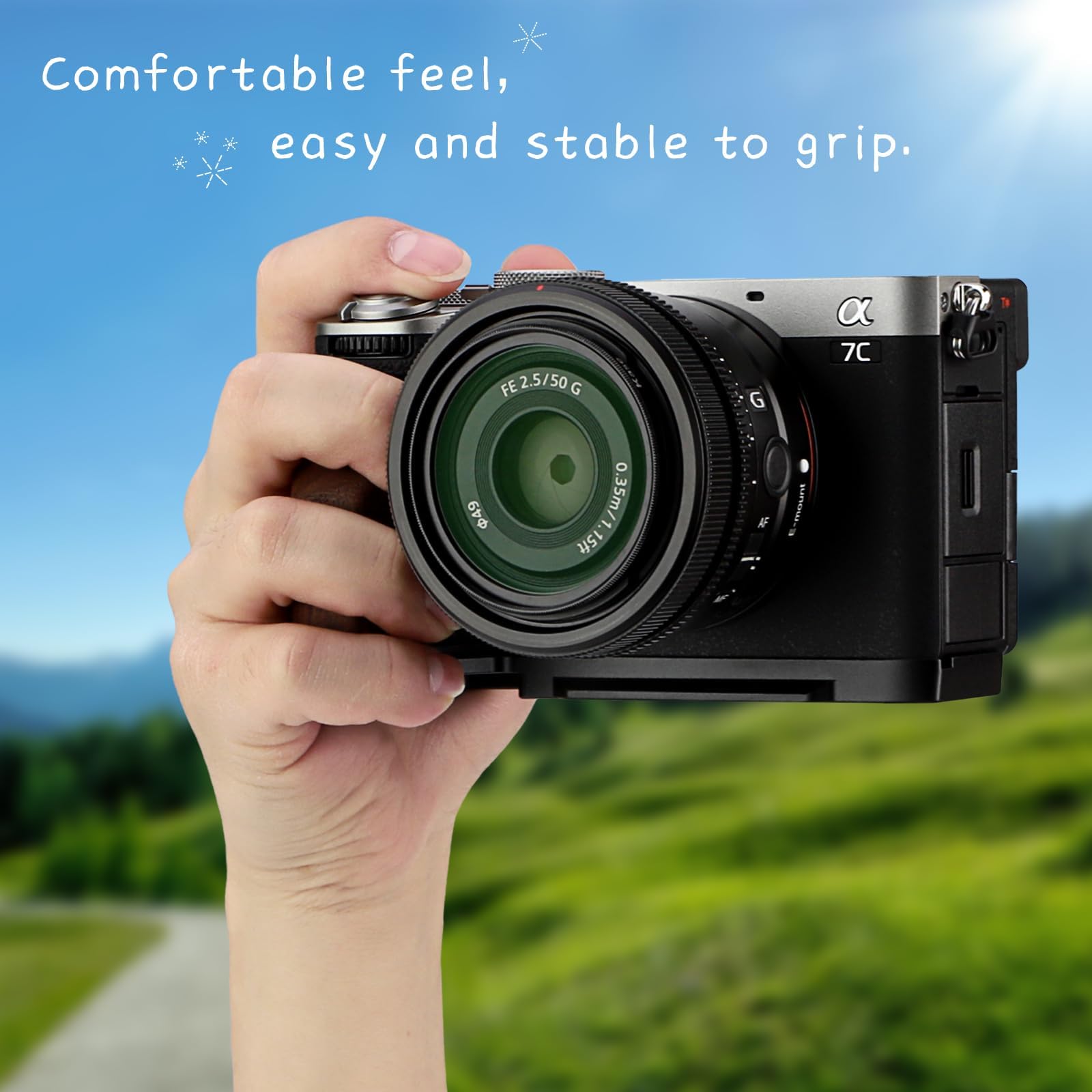 LEFTFOTO A7CR Support en forme de L avec poignée en bois pour appareil photo Sony A7CR/A7C2, avec plaque de dégagement rapide Arca inférieure intégrée, poignée latérale ergonomique rétro pour une
