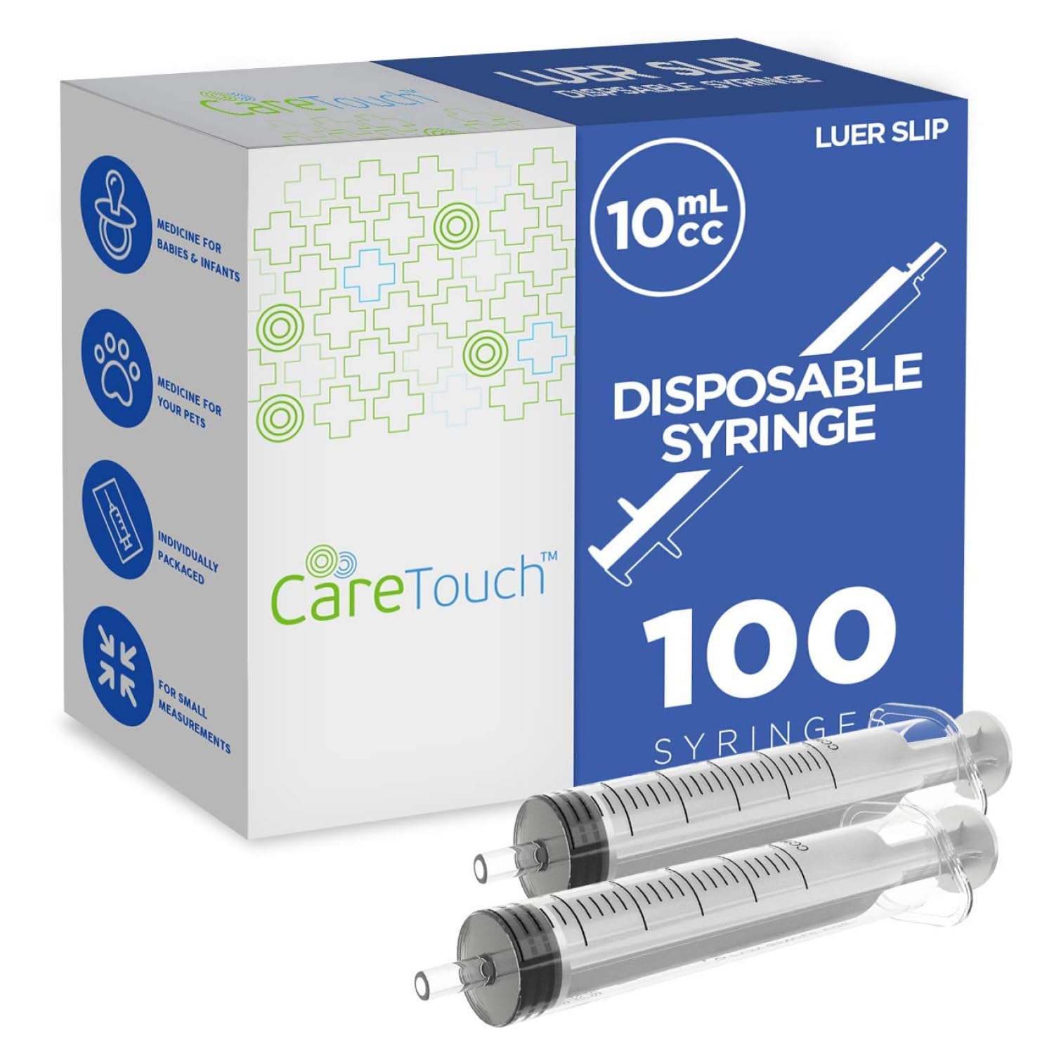 Care Touch 10ml Syringe with Luer Slip Tip - 100 Sterile Syringes – No Needle Great for Dispensing Oral Medicine and Home Care