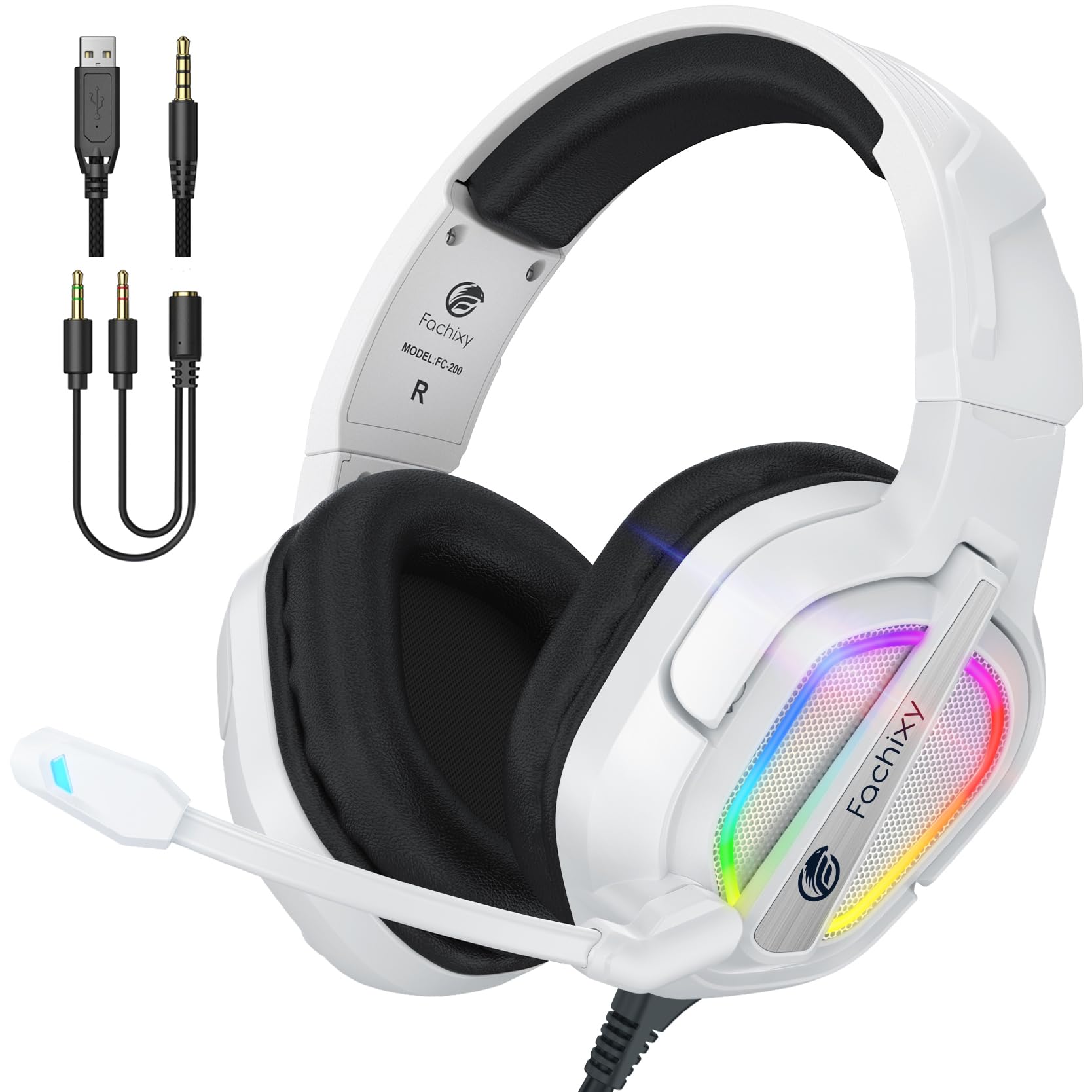 Fachixy FC-200 Cuffie da gioco pieghevoli con microfono ENC 3,5 mm RGB Bianco per PS5 PS4 PC Xbox Nintendo Switch