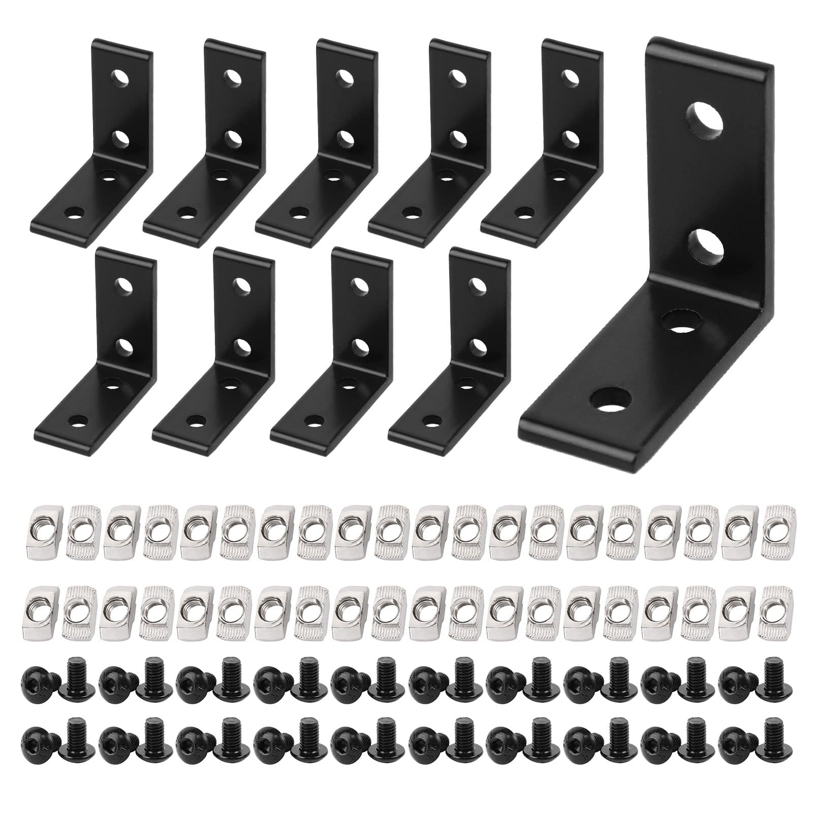 10pcs 4 Hole Inside Corner Bracket for 2020 Aluminum Extrusion 6mm Slot,Black L Corner Bracket 90 Degree with 40pcs M5 Hex Screw,40pcs M5 T Nuts,1pcs