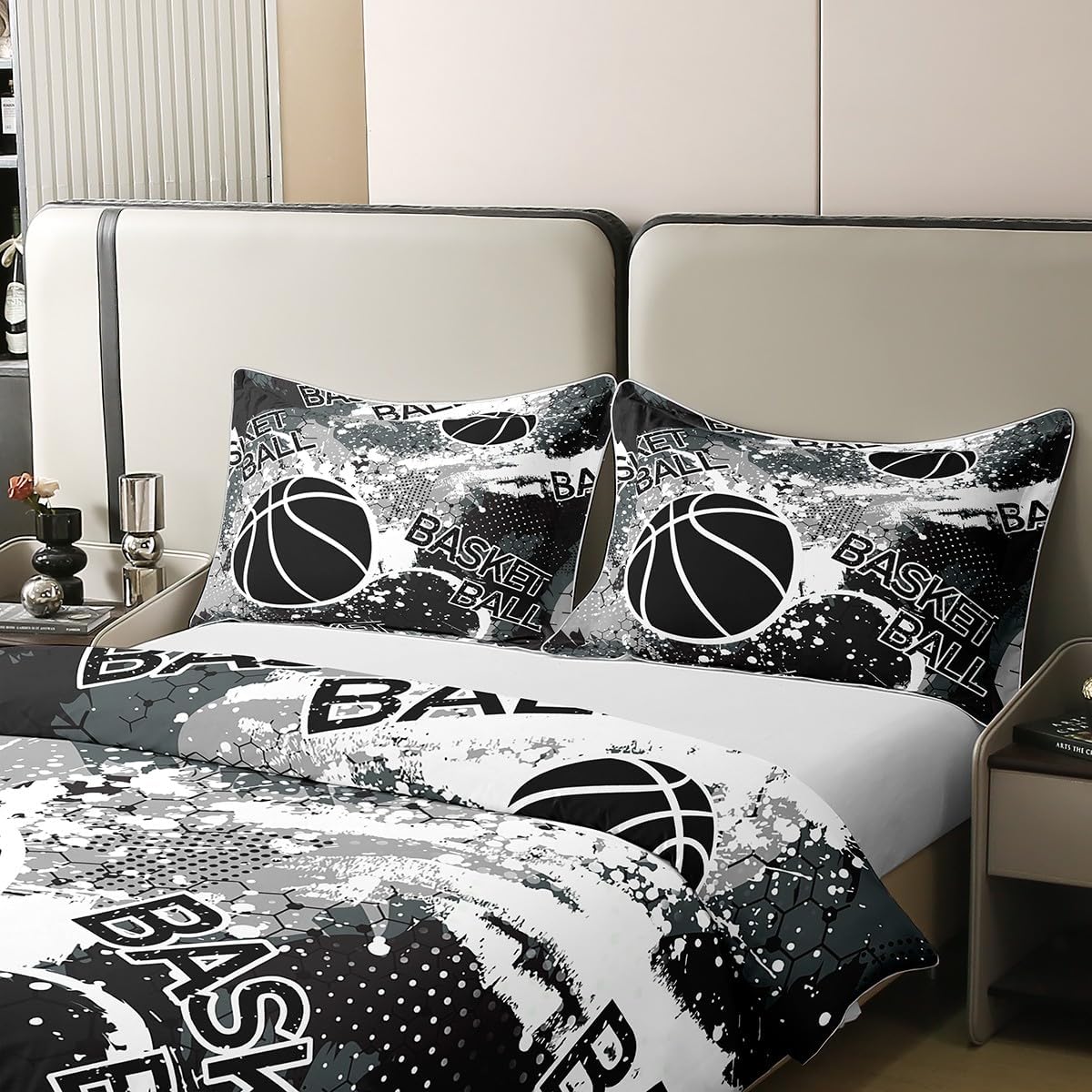 Feelyou Grey Basketball Duvet Cover 100% Cotton Full Size Gaming Sports Comforter Cover Set Gift for Basketball Lover Honeycomb Bedding Set Basketball Player Bedspread Cover Quilt Cover,No Comforter