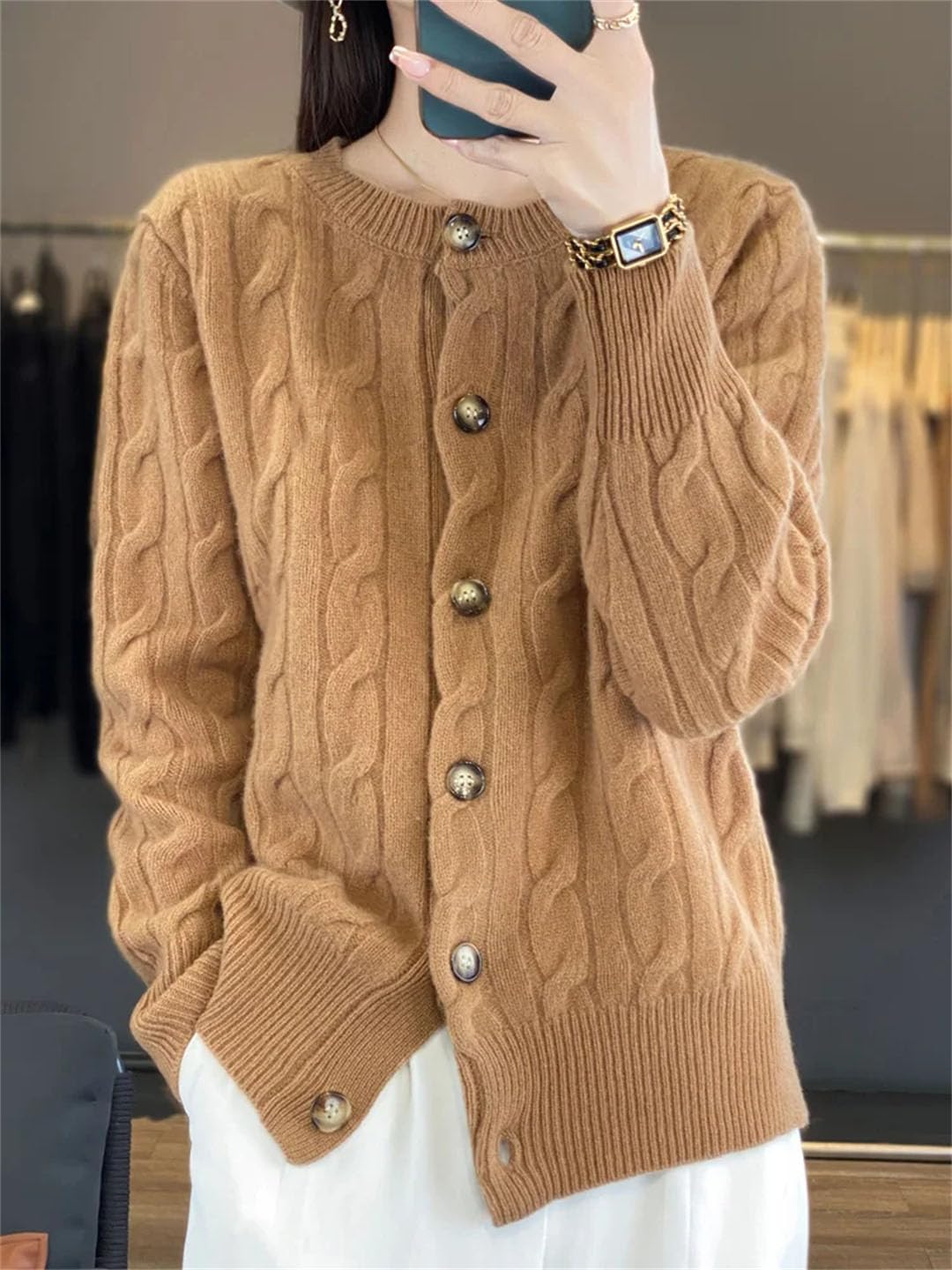 Cardigan O-Collo per Femminile Lana Merino Maglione Twist Fiore Manica Lunga Donne Abbigliamento Lavorato A Maglia