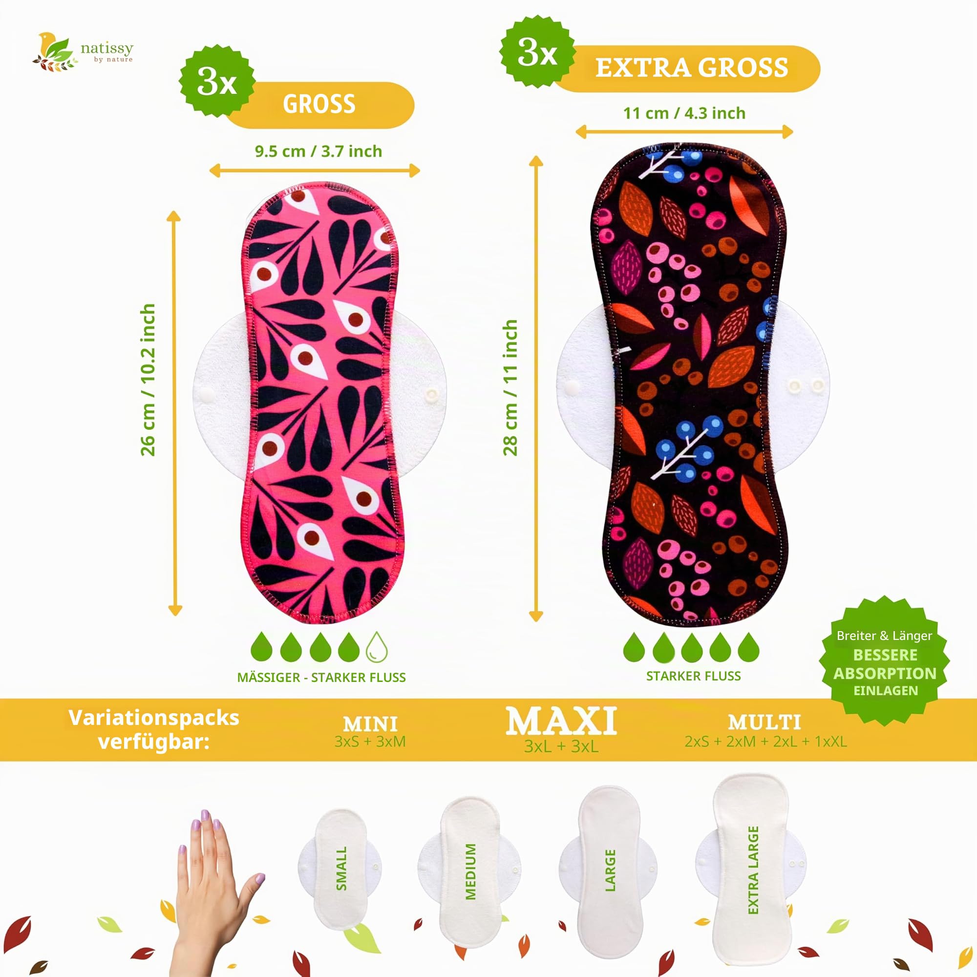 Made in EU – Waschbare Stoffbinden aus Bio-Baumwolle, saugstark für starke Tage & Inkontinenz (6er Set L+XL) – Dünn, atmungsaktiv & mit sicherem Halt; wiederverwendbare Periodenbinden für Frauen