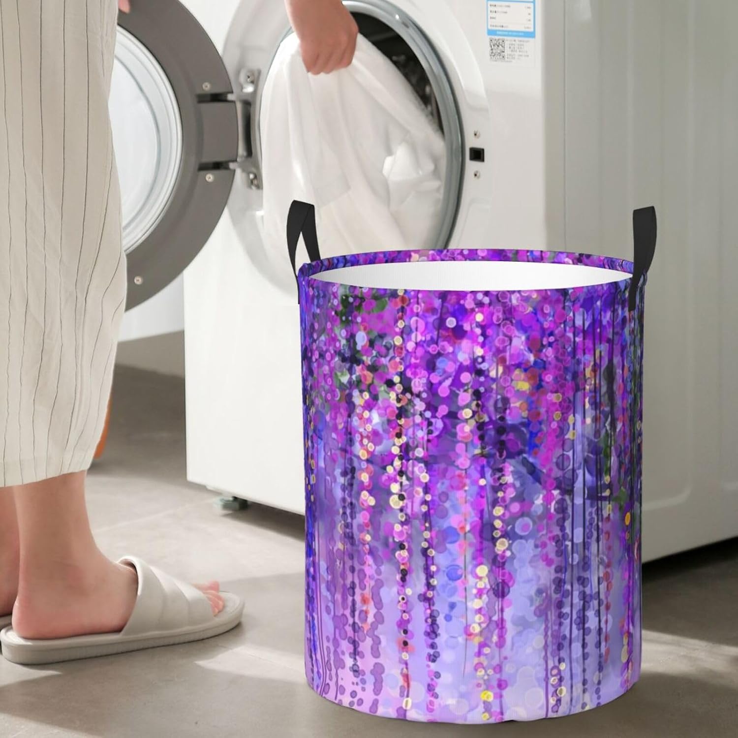 Floral Tree Print Circular Protable Storage Bin,Basket For Laundry Hamper With Handles Bedroom Clothes