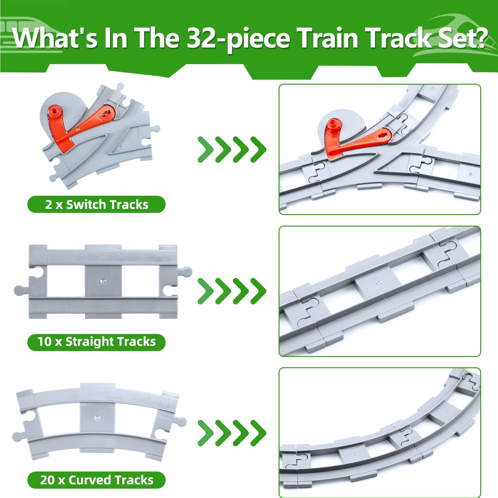 Building Blocks Train Track Set, 32 pièces, Accessoires de Chemin de Fer avec Sac de Rangement, Jouet Cadeau pour Enfants à partir de 3 Ans, Gris Clair