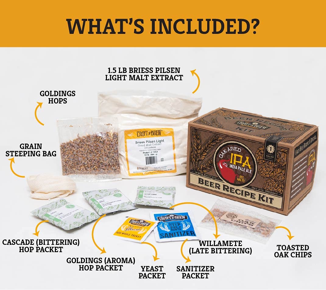 Craft A Brew Kit de recetas – Recambio IPA envejecido de roble – 1 galón – Ingredientes para cerveza casera
