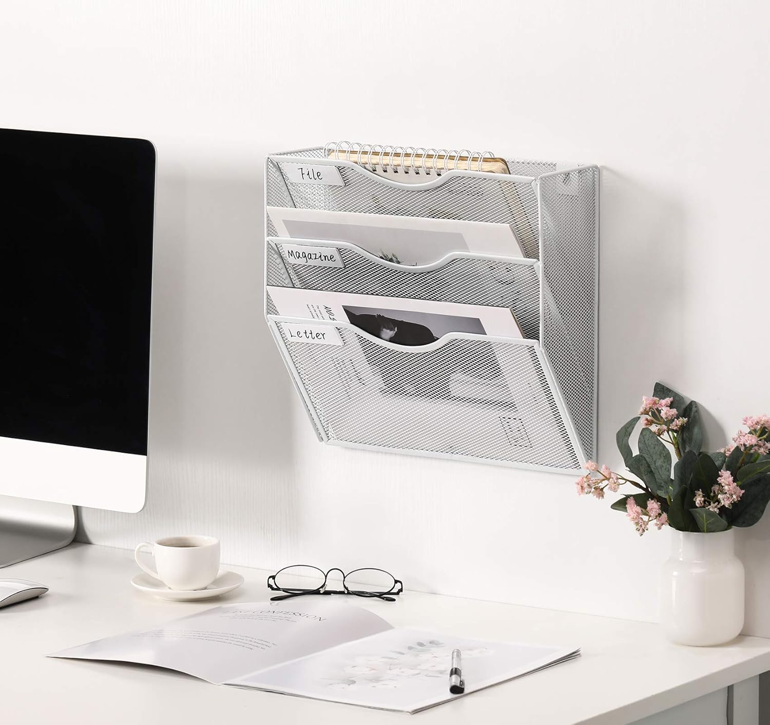 EasyPAG 3 Tier Wall File Holder Hanging Mail Organizer Meta Wall Mount Magazine Rack for Home and Office,White : Office Products