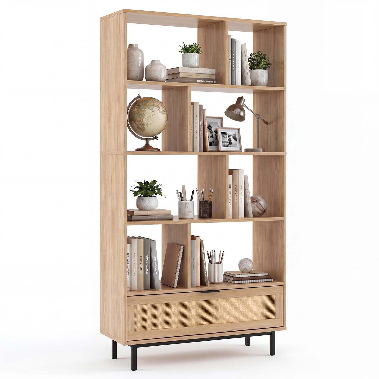 COSTWAY 162 cm Tall Wooden Bookcase, 6-Tier Geometric Bookshelf with Drawer