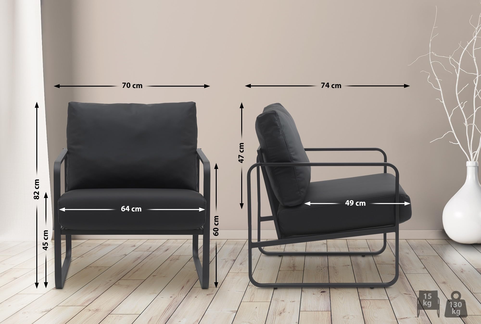CLP Sillón Relax Manea Tapizado En Polipiel o Tela I Silla Ancha con Base Metálica I Poltrona Elegante & Acolchada, Color:Negro, Material:Cuero Sintetico