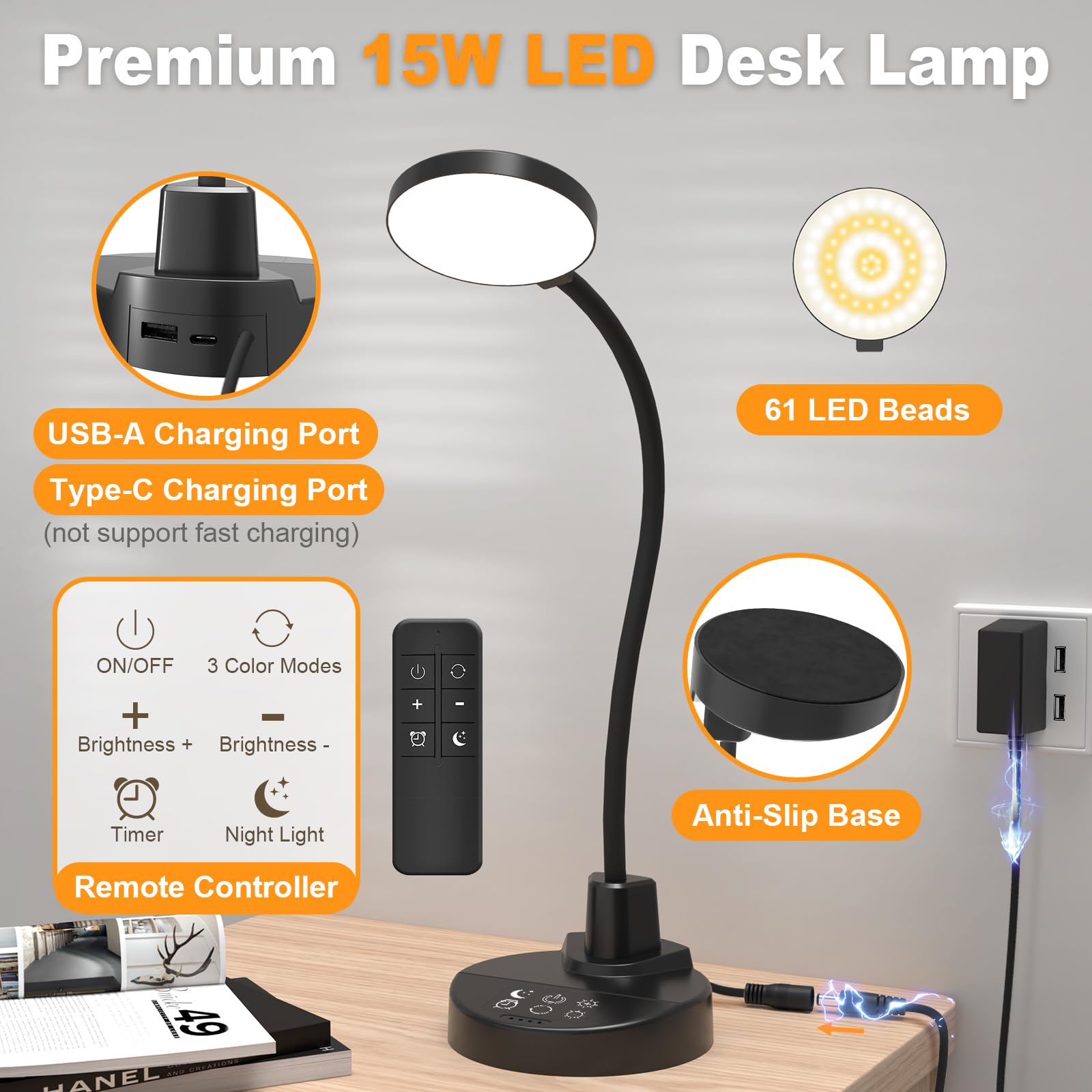 15W LED Desk Lamp with USB Charging Ports, [Button & Remote Control] Dimmable Table Lamp with 3 Color Modes, 5 Brightness Levels, 4 Timers, Flexible Reading Light for Home Office, Bedroom, Kids Study view 9