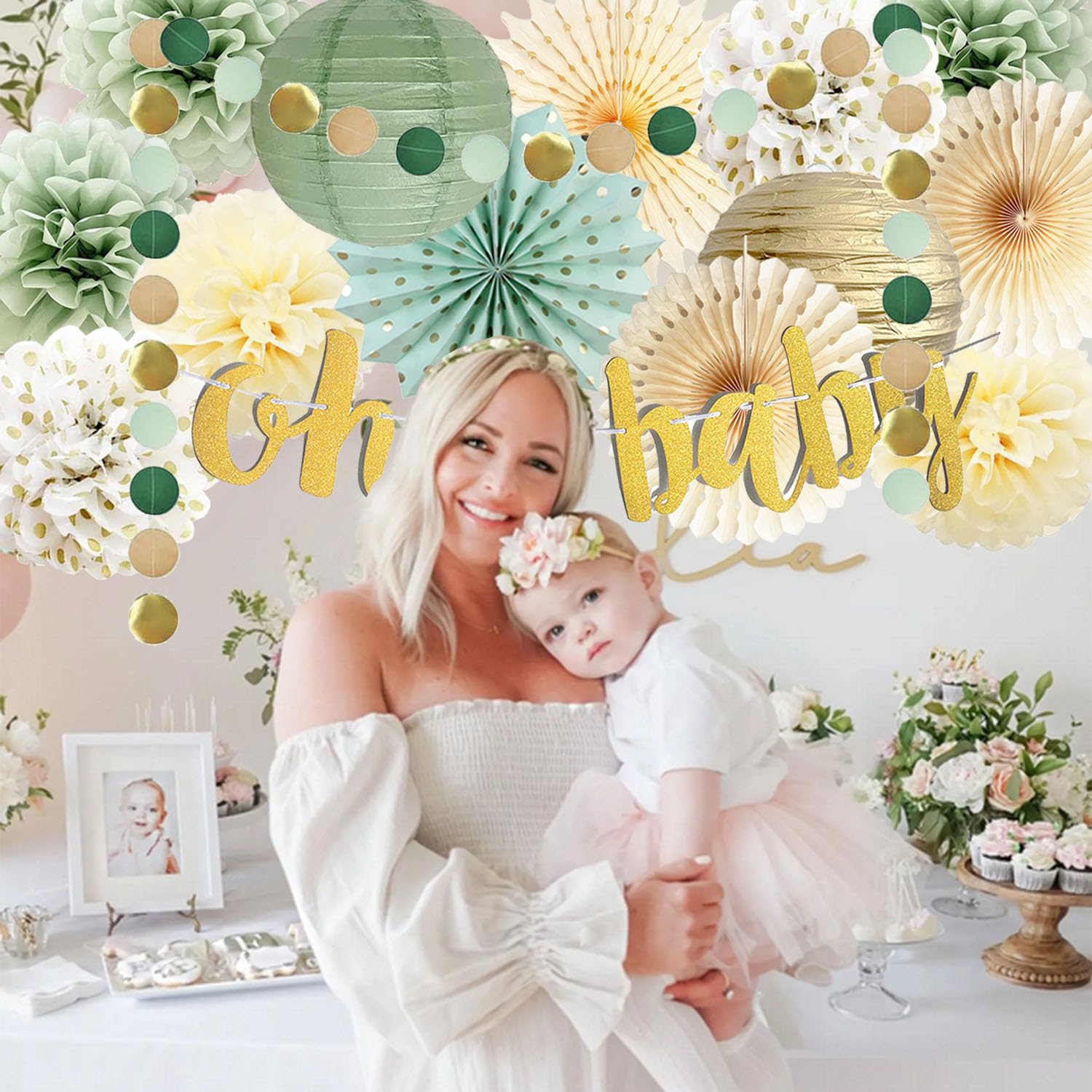 Babyparty Deko Set In Salbeigrün & Blau - Retro Baby Shower Dekoration Für Jungen