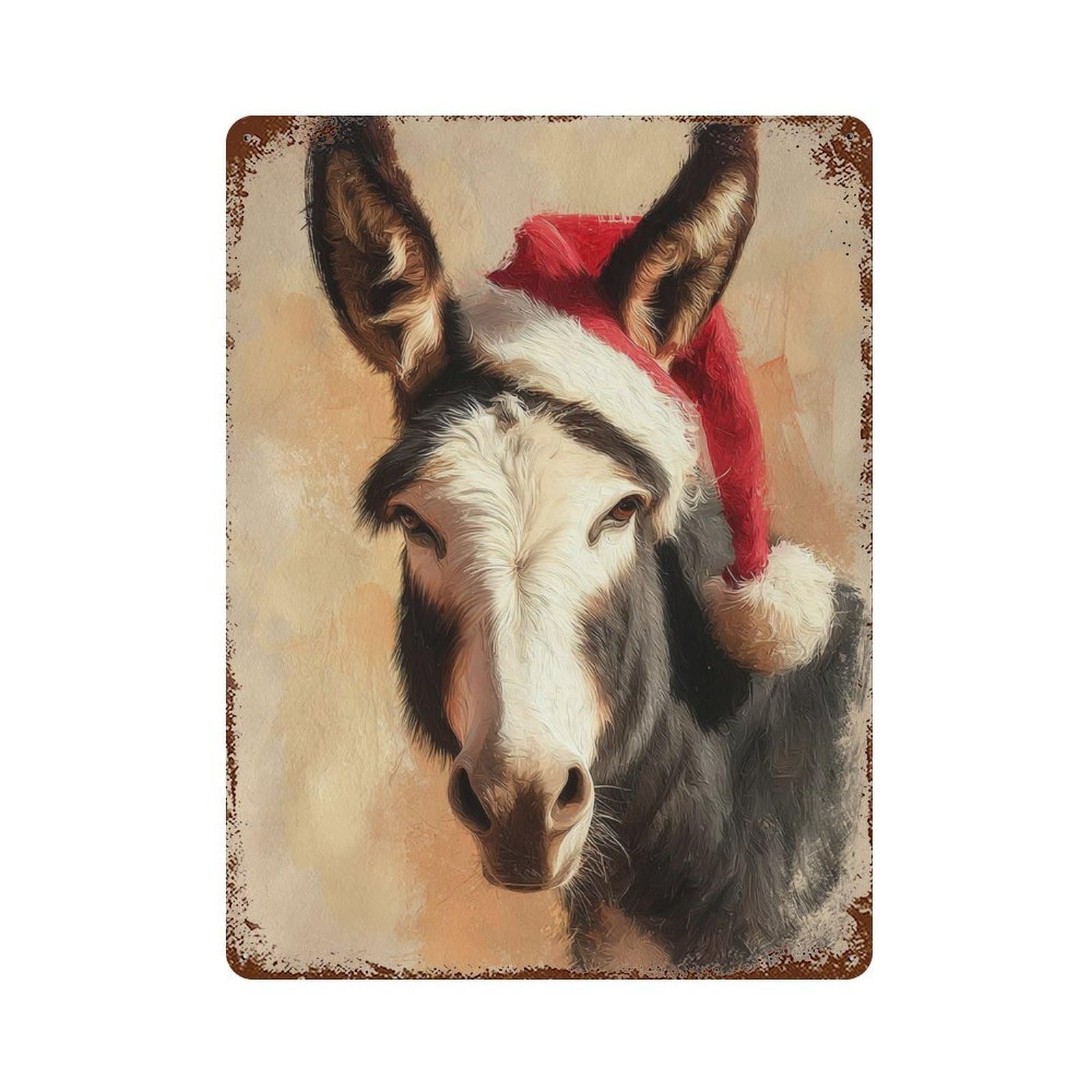 Christmas Donkey with Santa Hat Distressed Metal Wall Sign 15.7"x11.8", Ideal for Patio, Garden Room And Bar Decor