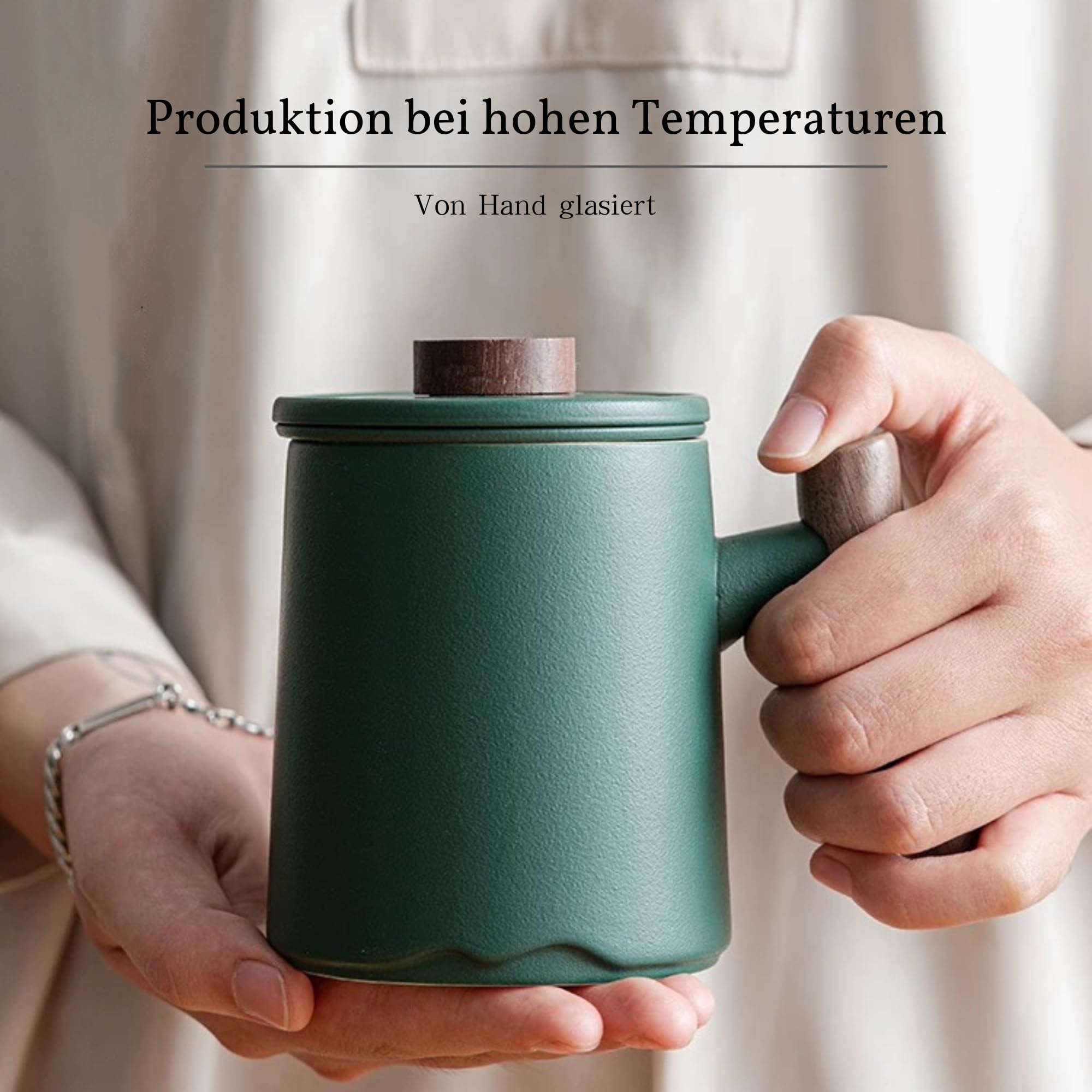 JanYoo Teetasse mit Deckel und Sieb,360ml Palisandergriff Keramik Losen Teebecher,Matte Steinzeug Glasierte Teetassen für Einweichen Tee Grün
