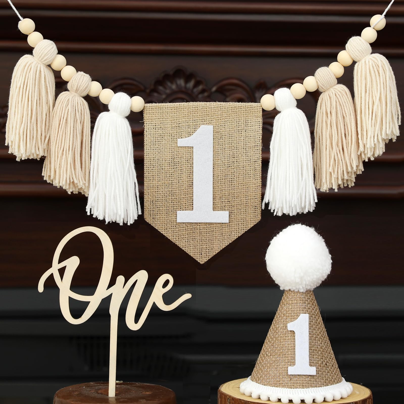 NO.4-169 Handmade Boho 1st Birthday High Chair Banner & Hat Set - Brown Wall Hanging Decor For Baby Girl Shower - View #6