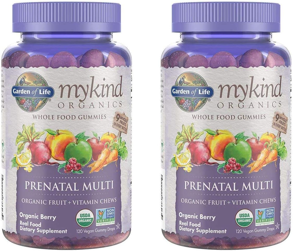 MyKind Organics Prenatal Multi Whole Food, Organic Fruit and Vitamin Chews in Delicious Organic Berry (120 Vegan Gummy Drops) Pack of 2