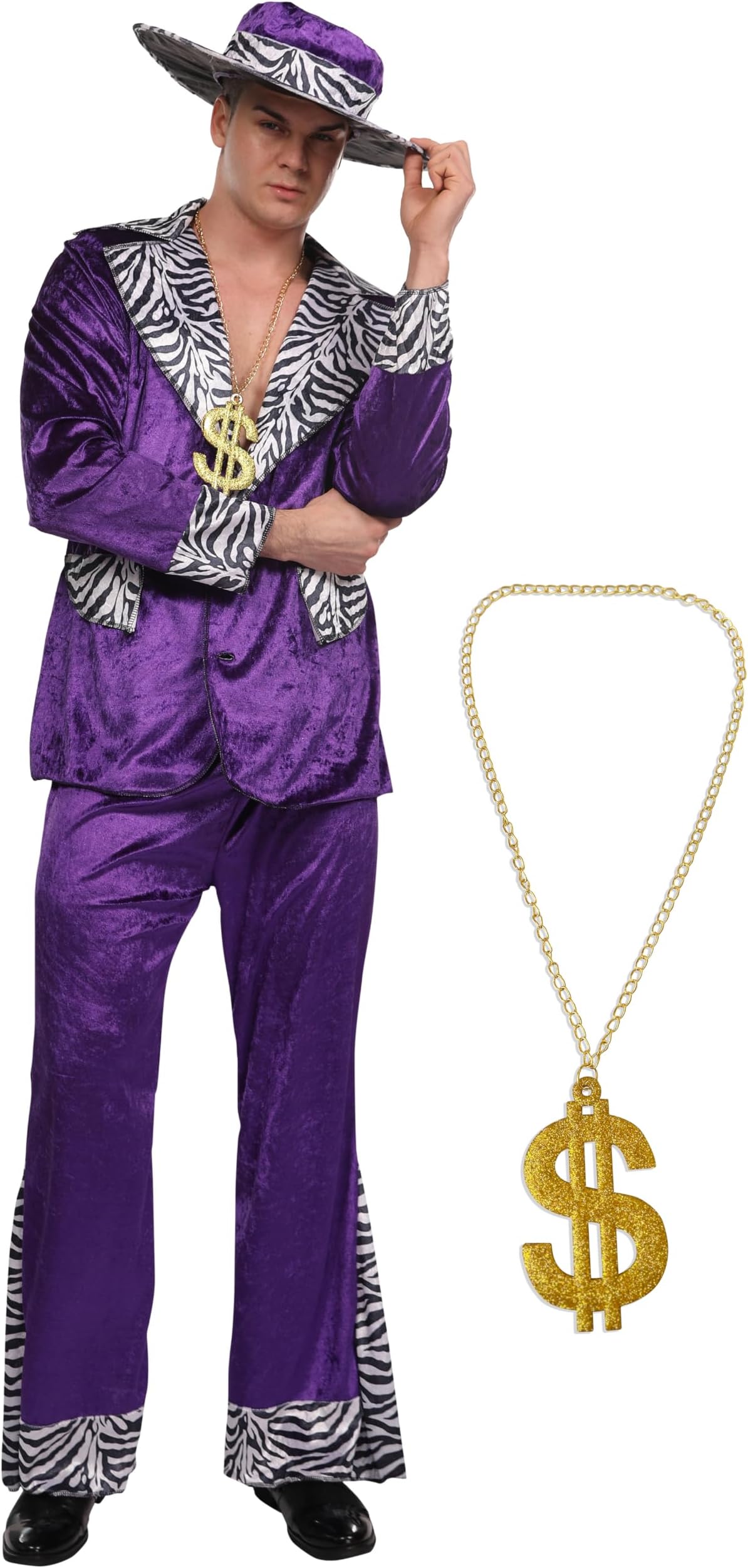 Men's Purple Velvet Player Costume, 4-Piece Velvet Suit, Hat and Gold Chain